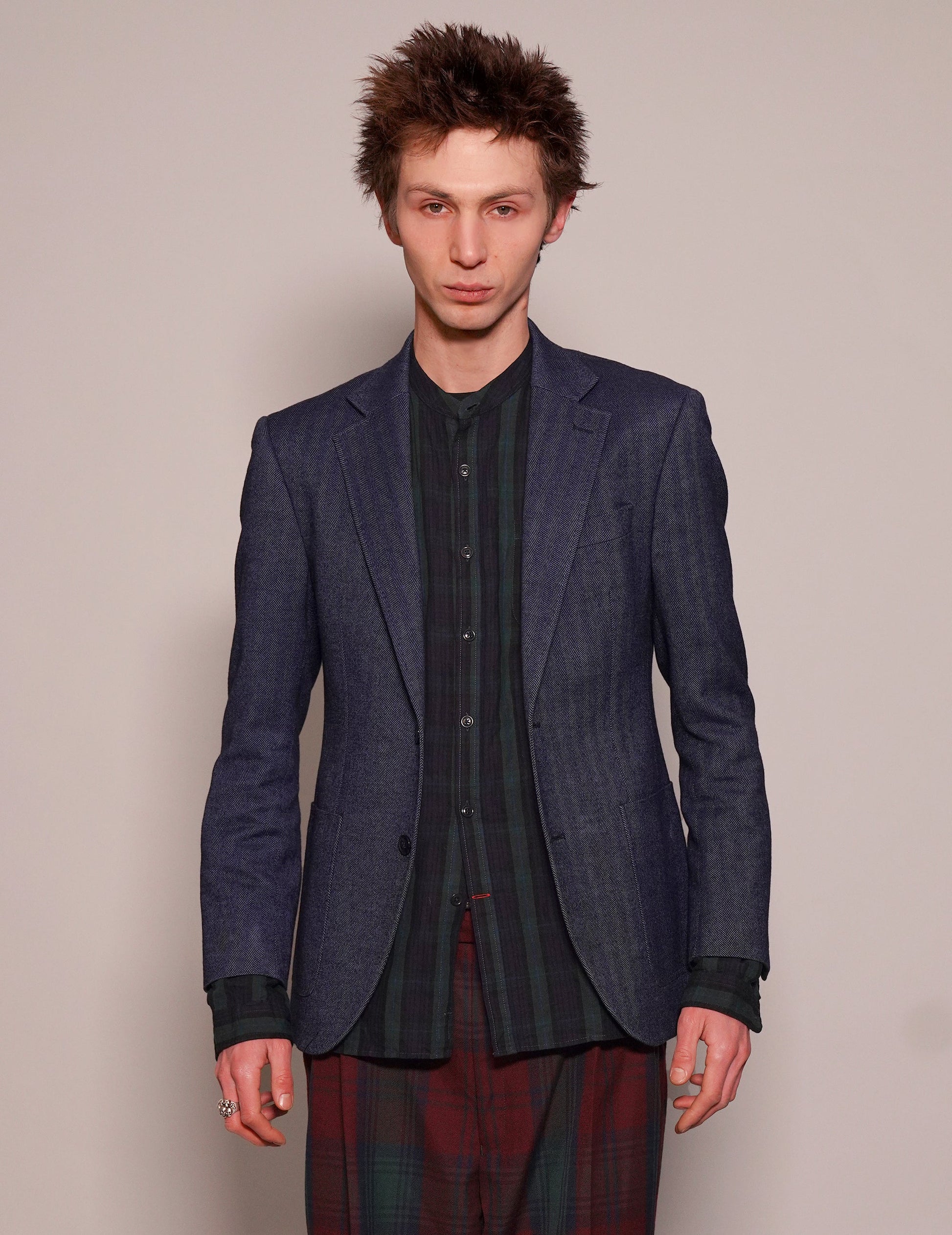 Navy Herringbone Wool Blazer