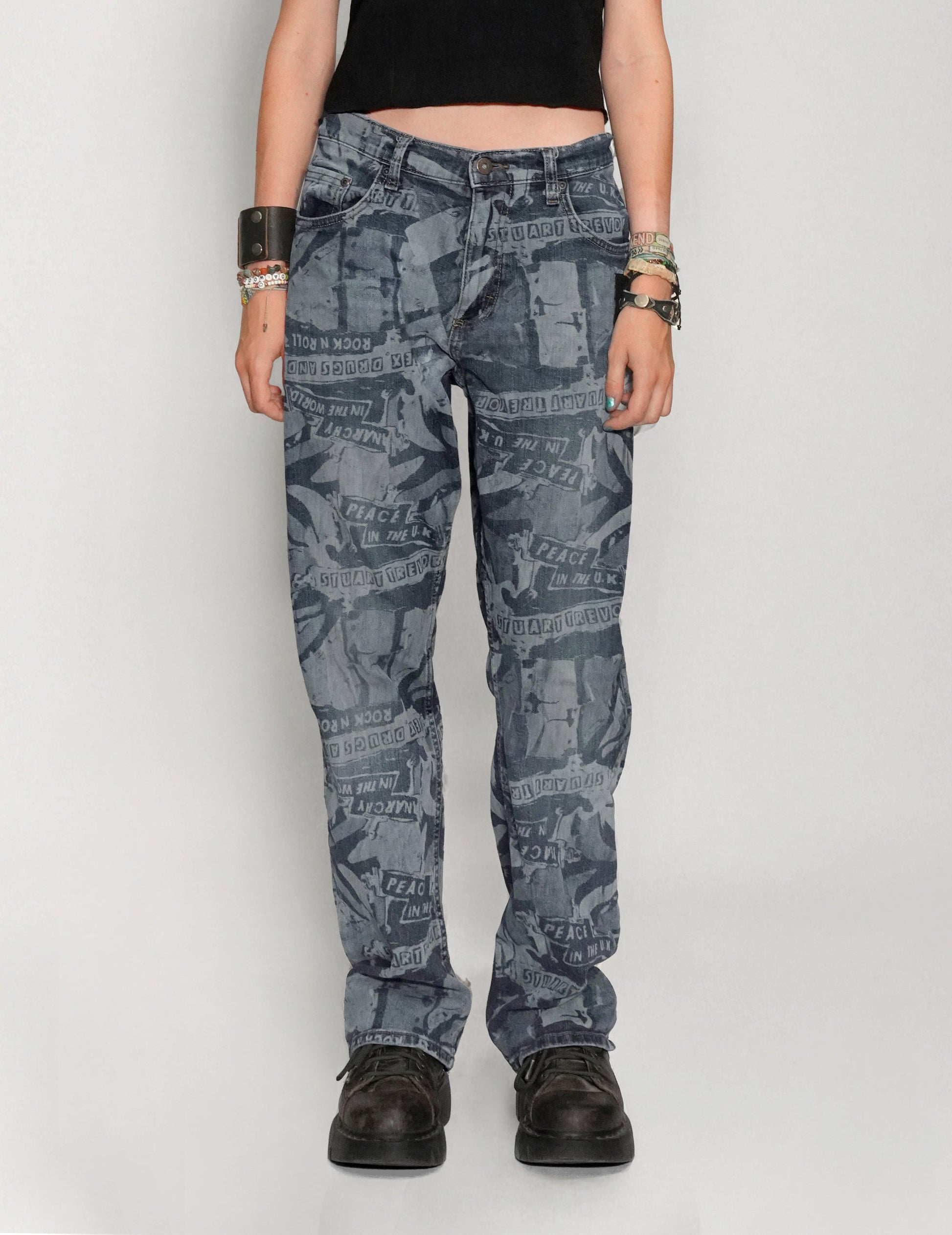 Peace Laser Print Jeans in Indigo