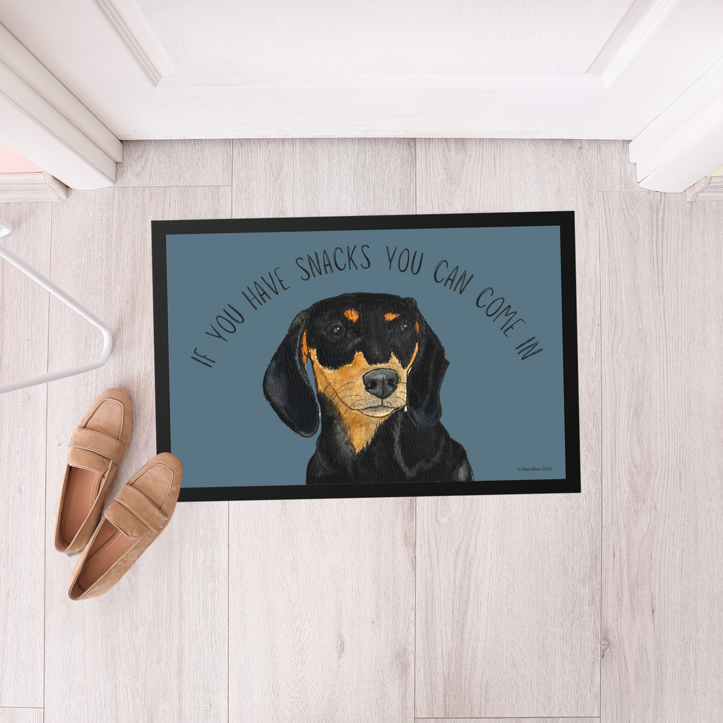 Black and Tan Dachshund Doormat with Snacks Slogan