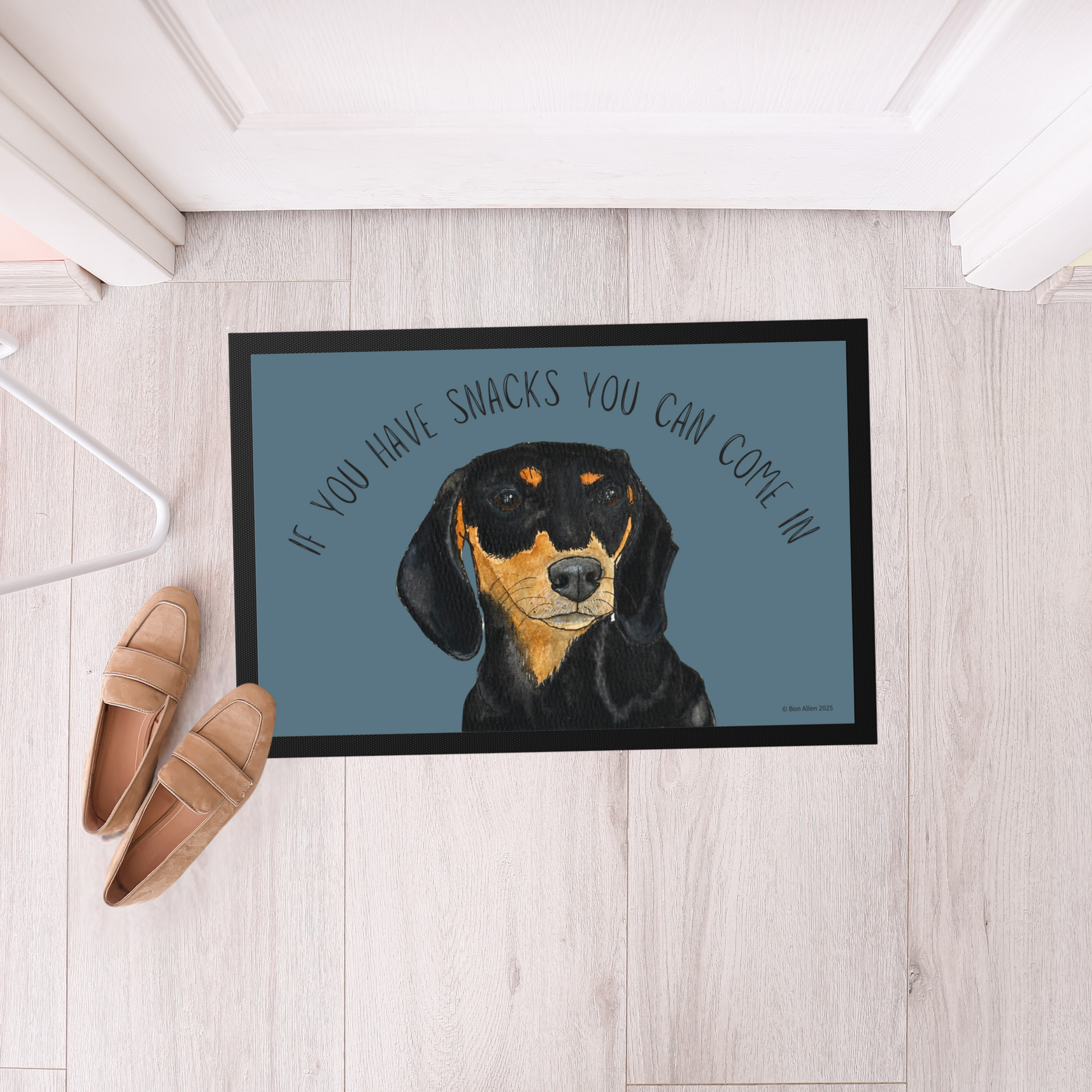 Black and Tan Dachshund Doormat with Snacks Slogan