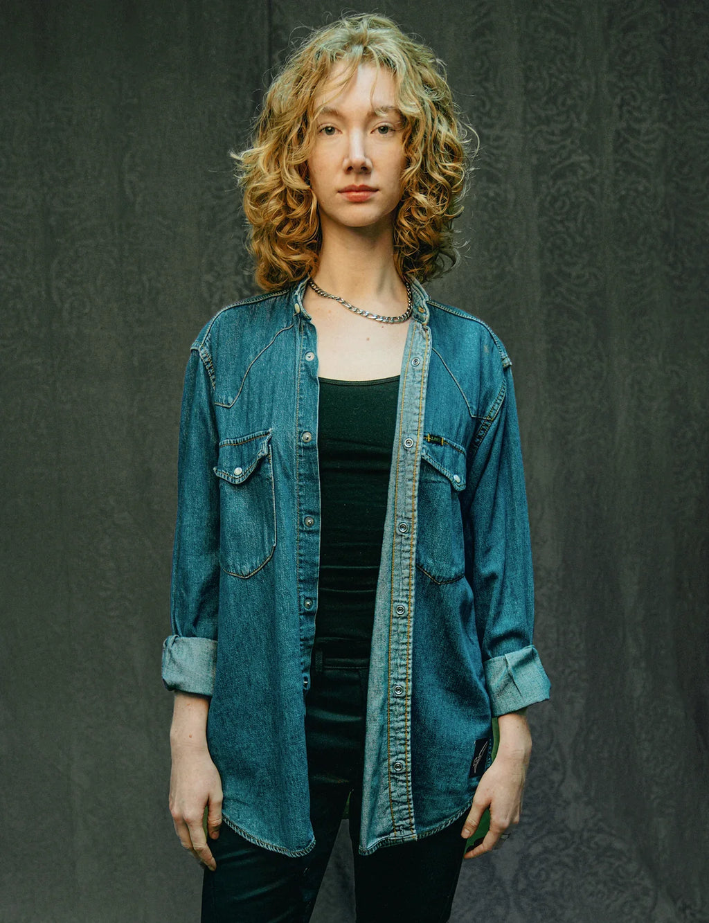 Party Back Shirt Black Sequin Blue Denim