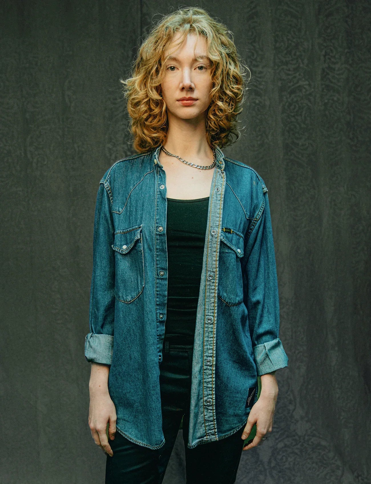 Party Back Shirt Black Sequin Blue Denim