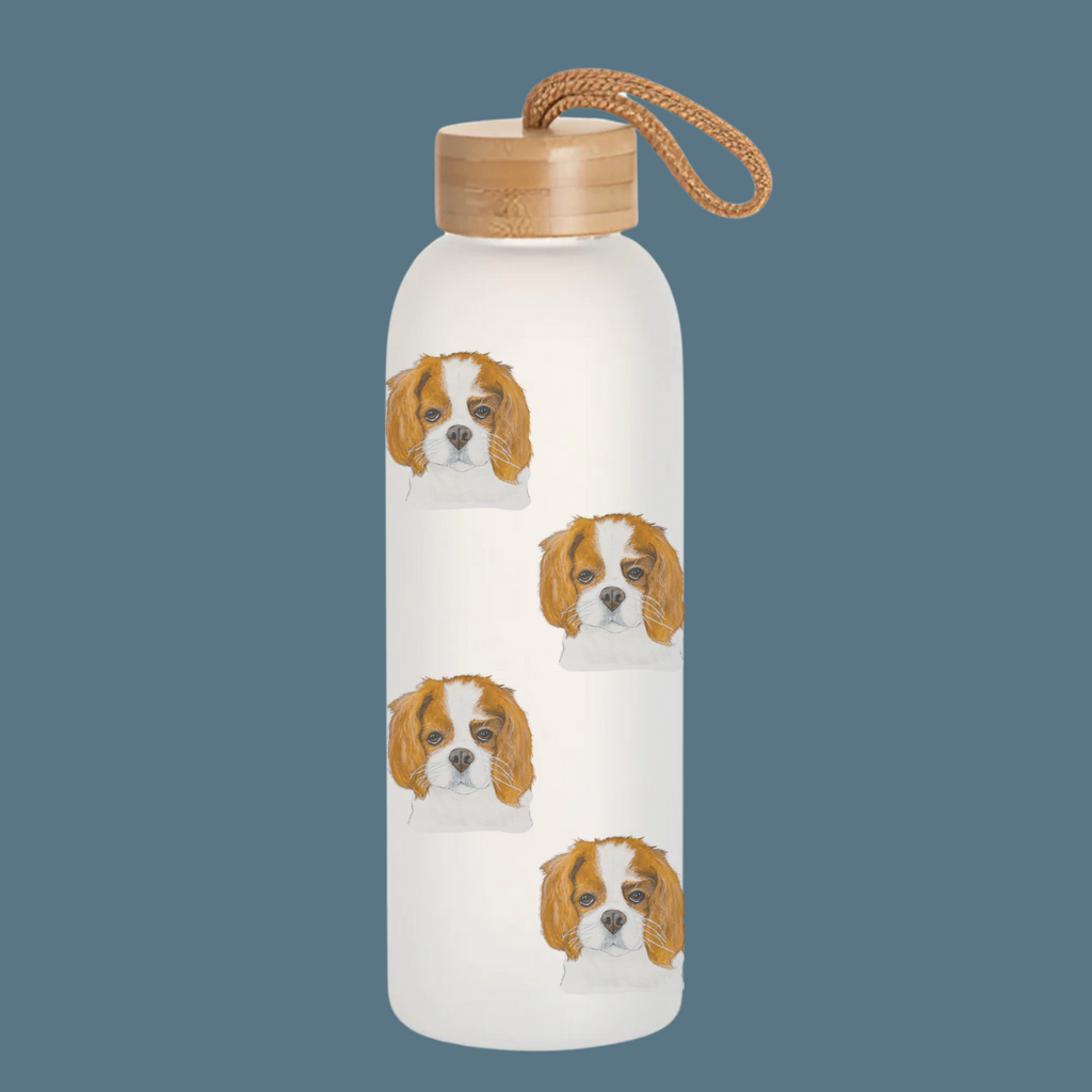 Cavalier King Charles Spaniel Frosted Glass Water Bottle with Bamboo Lid