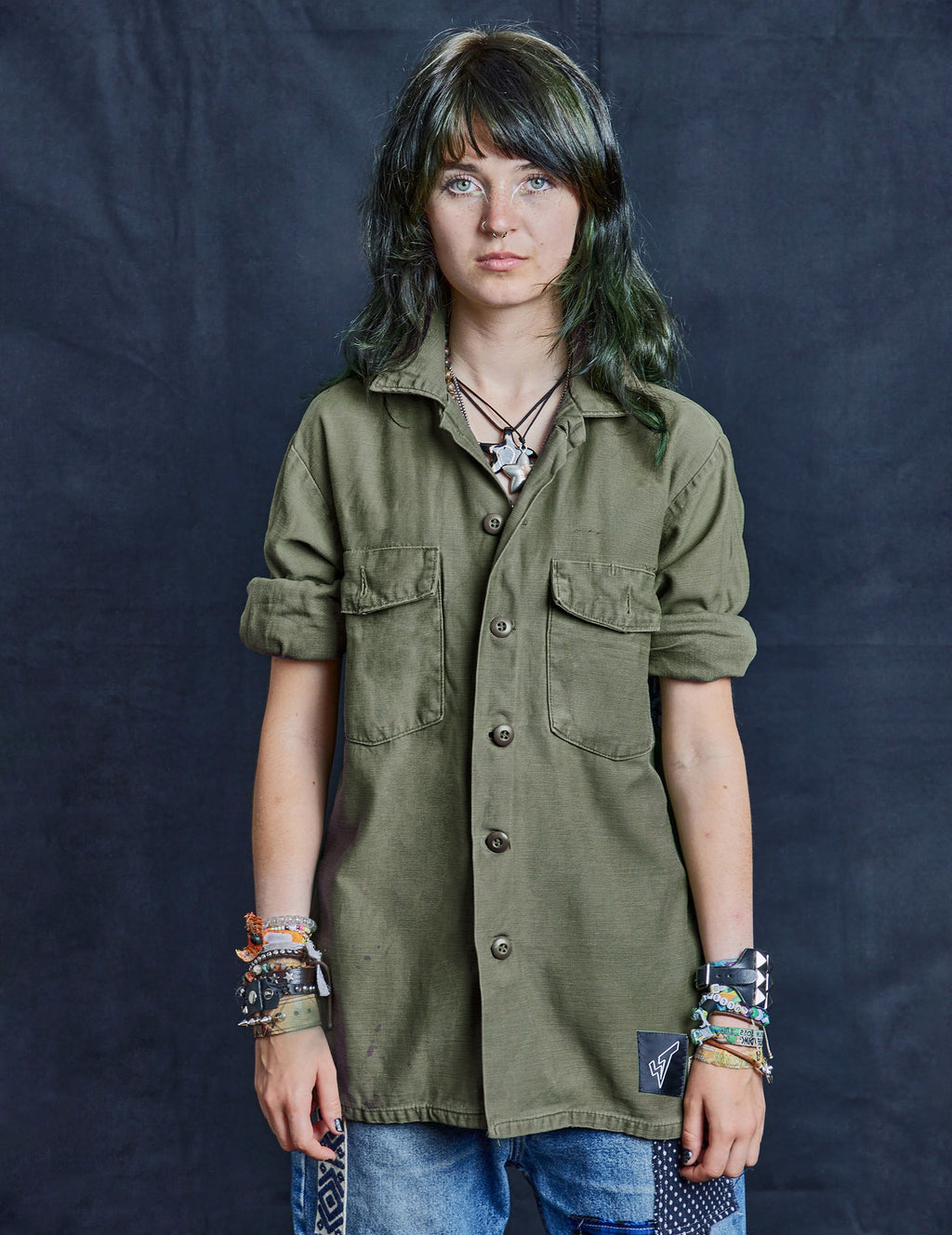 Party Back Shirt Black Sequin Khaki