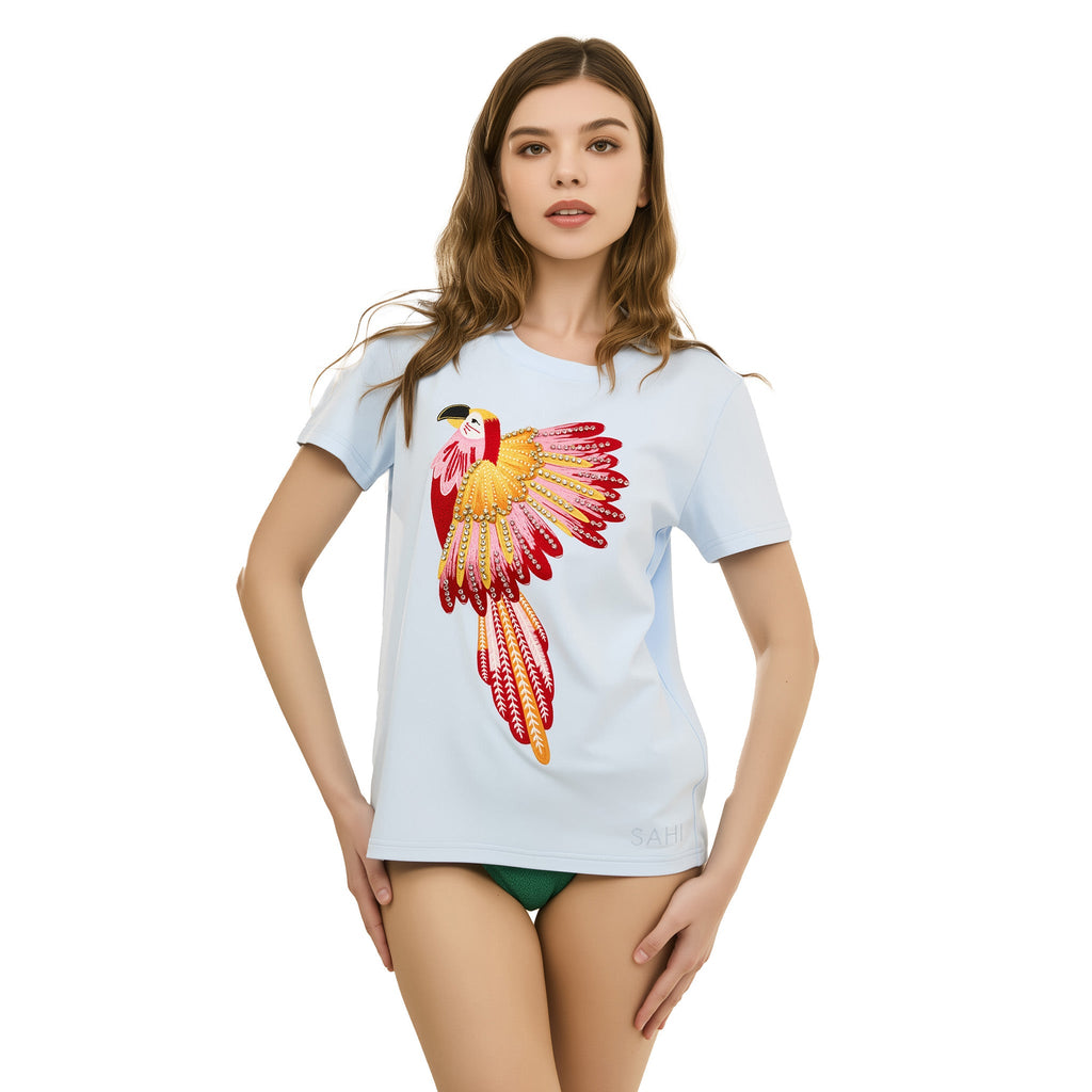 Cotton Embroidered Parrot T-Shirt with Beads and Thread