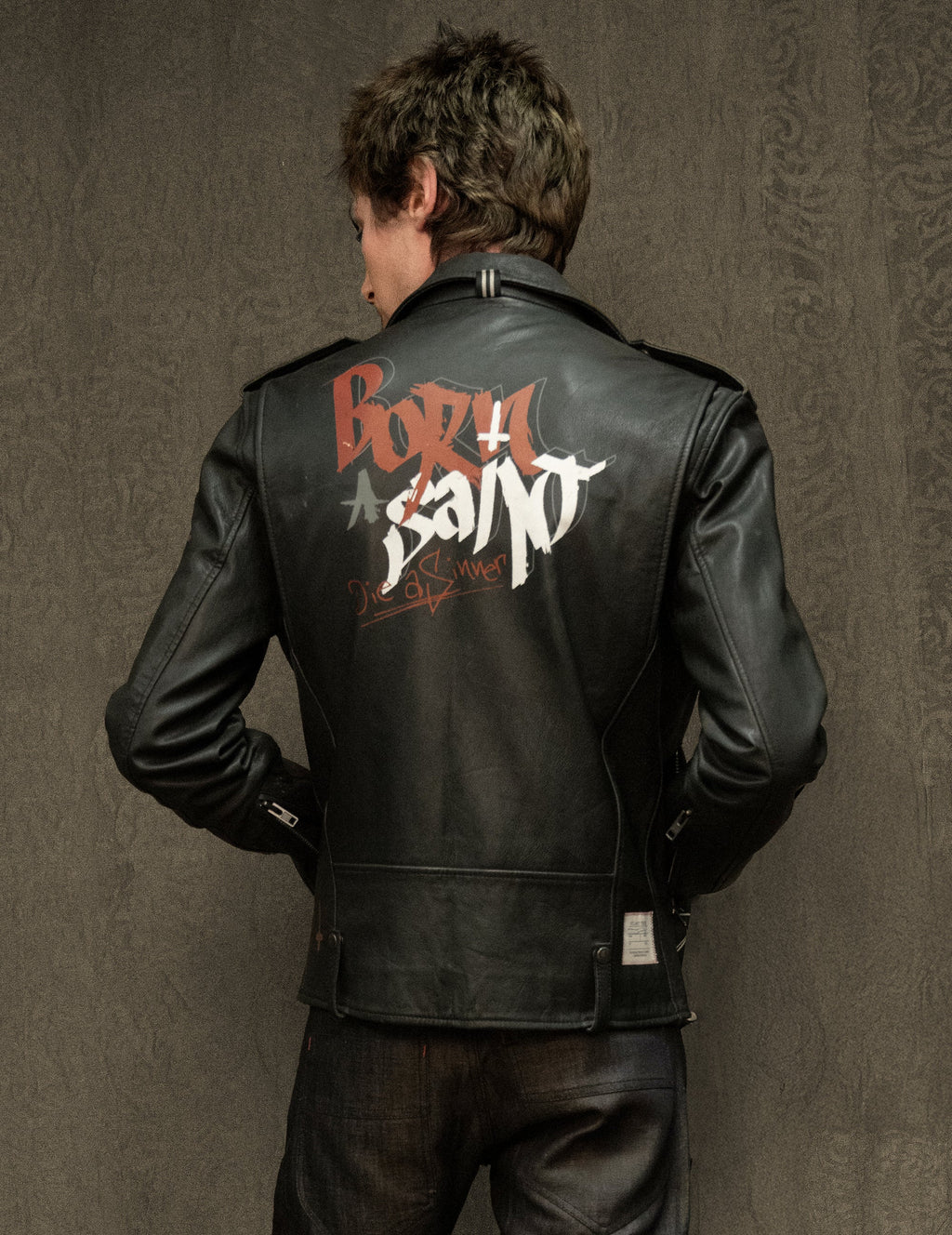 Black Leather Biker Jacket with Born Saint Graphic