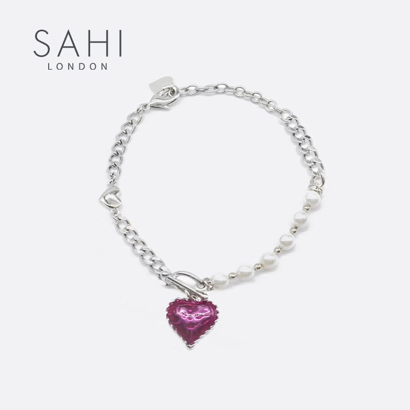 Heart Enameled Pearl Chain and Link Bracelet in Silver and Violet