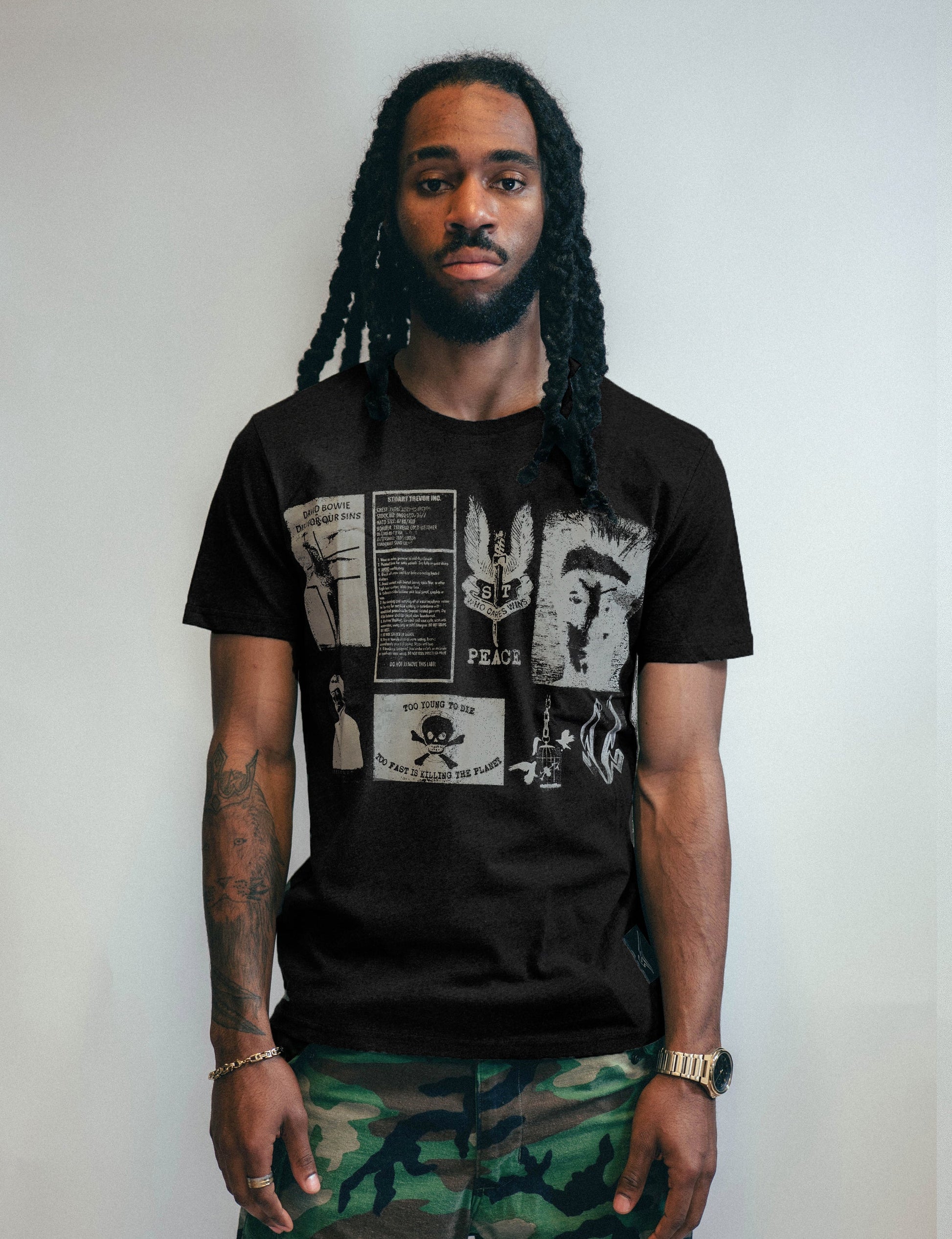 Black T Shirt with Printed Patches