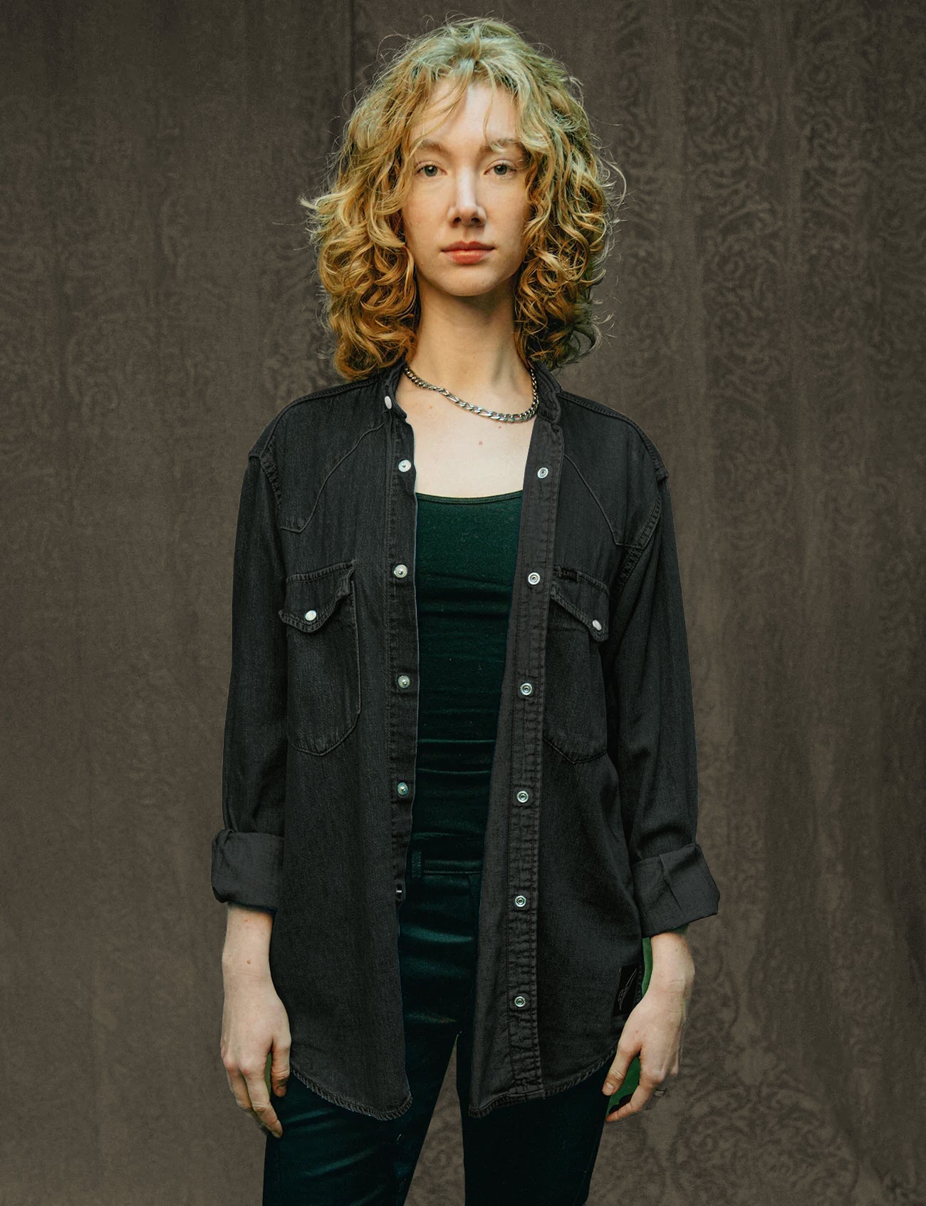 Party Back Shirt Gold Star Sequin Black Denim