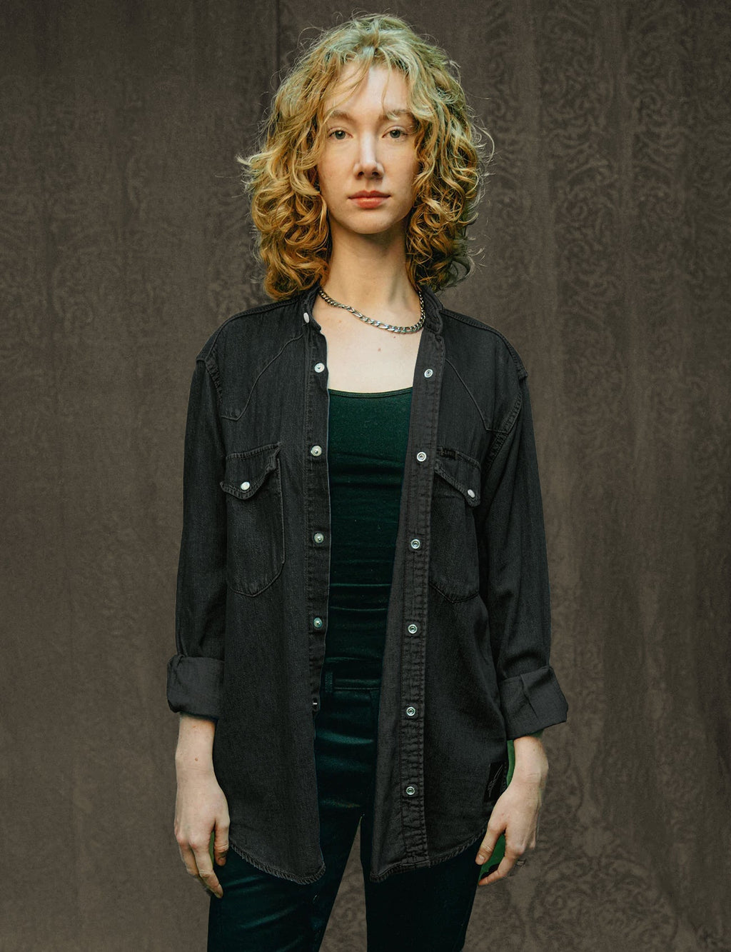 Black Sequin Party Back Denim Shirt