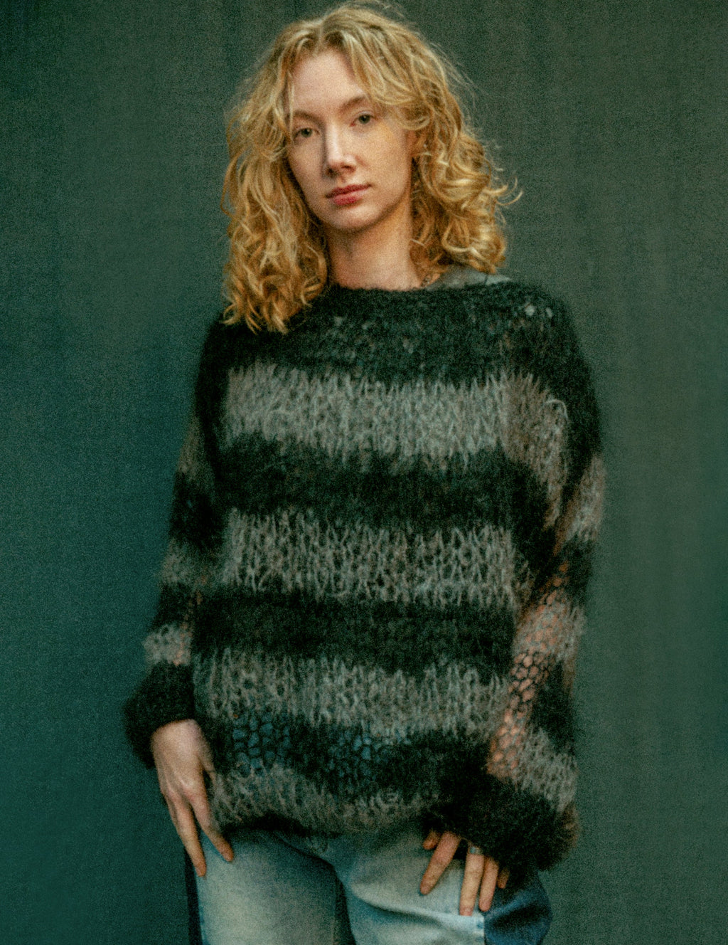 Mohair Hand Knit Sweater in Grey and Black