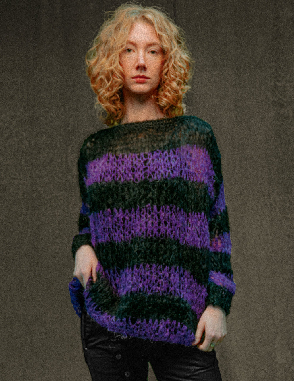 Mohair Hand Knit Sweater in Purple and Black