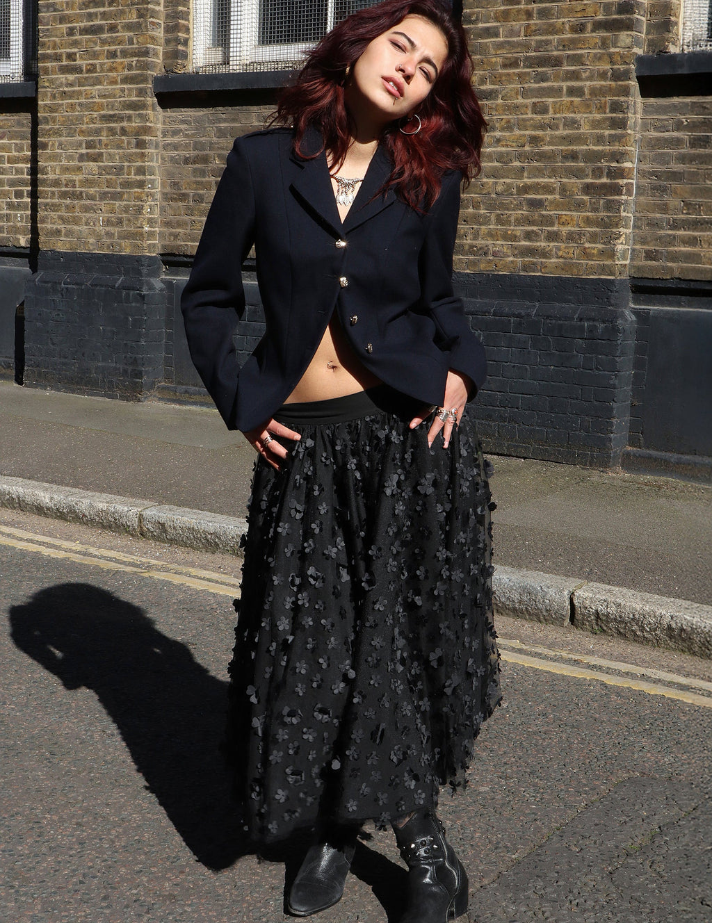 Black Mesh Maxi Skirt with Floral Pattern