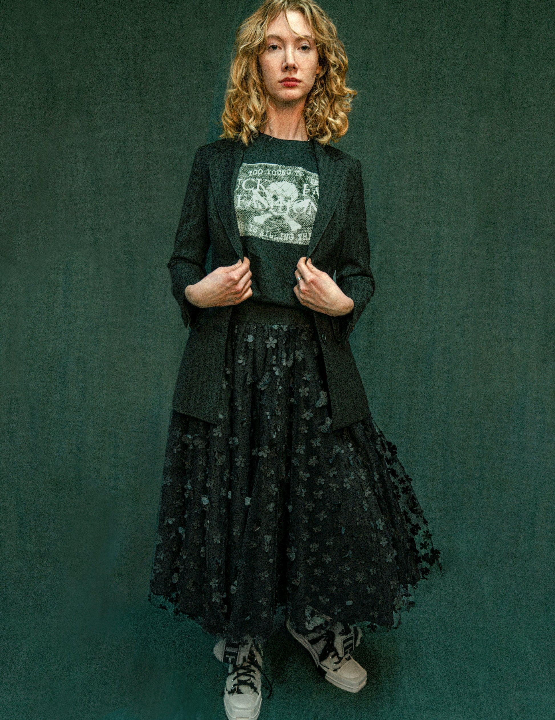 Black Mesh Maxi Skirt with Floral Pattern