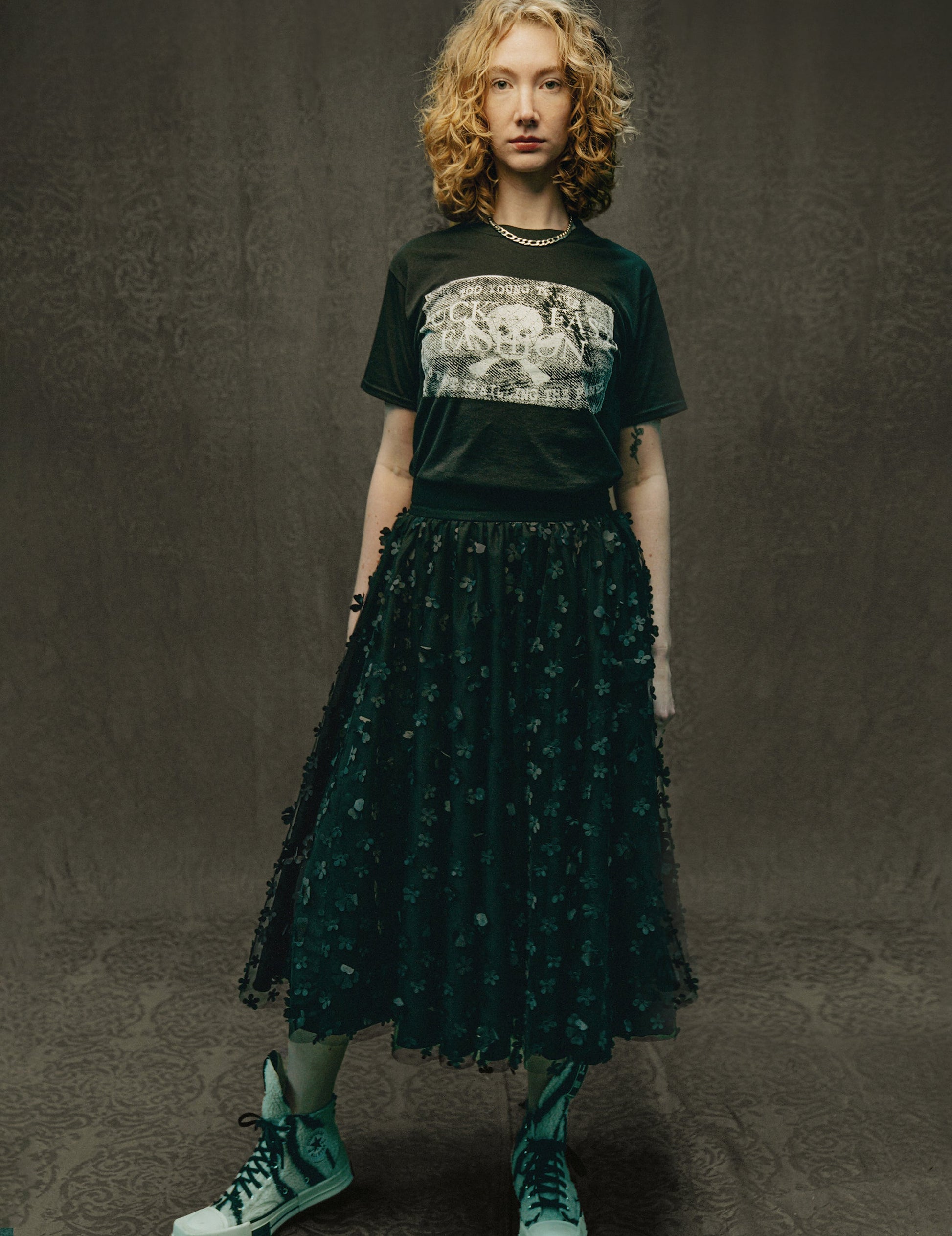 Black Mesh Maxi Skirt with Floral Pattern