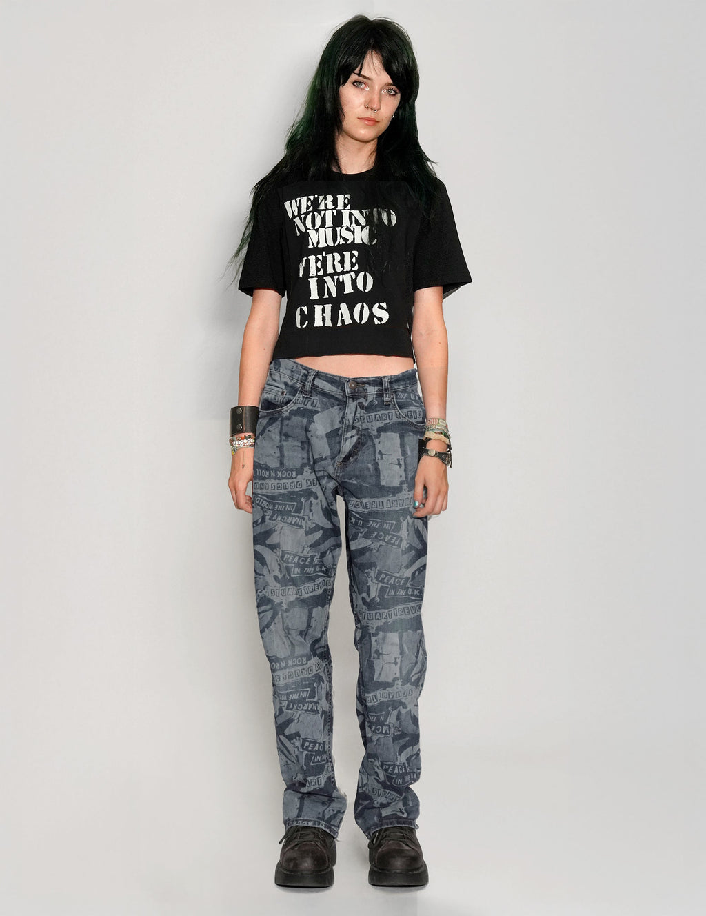Peace Laser Print Jeans in Indigo