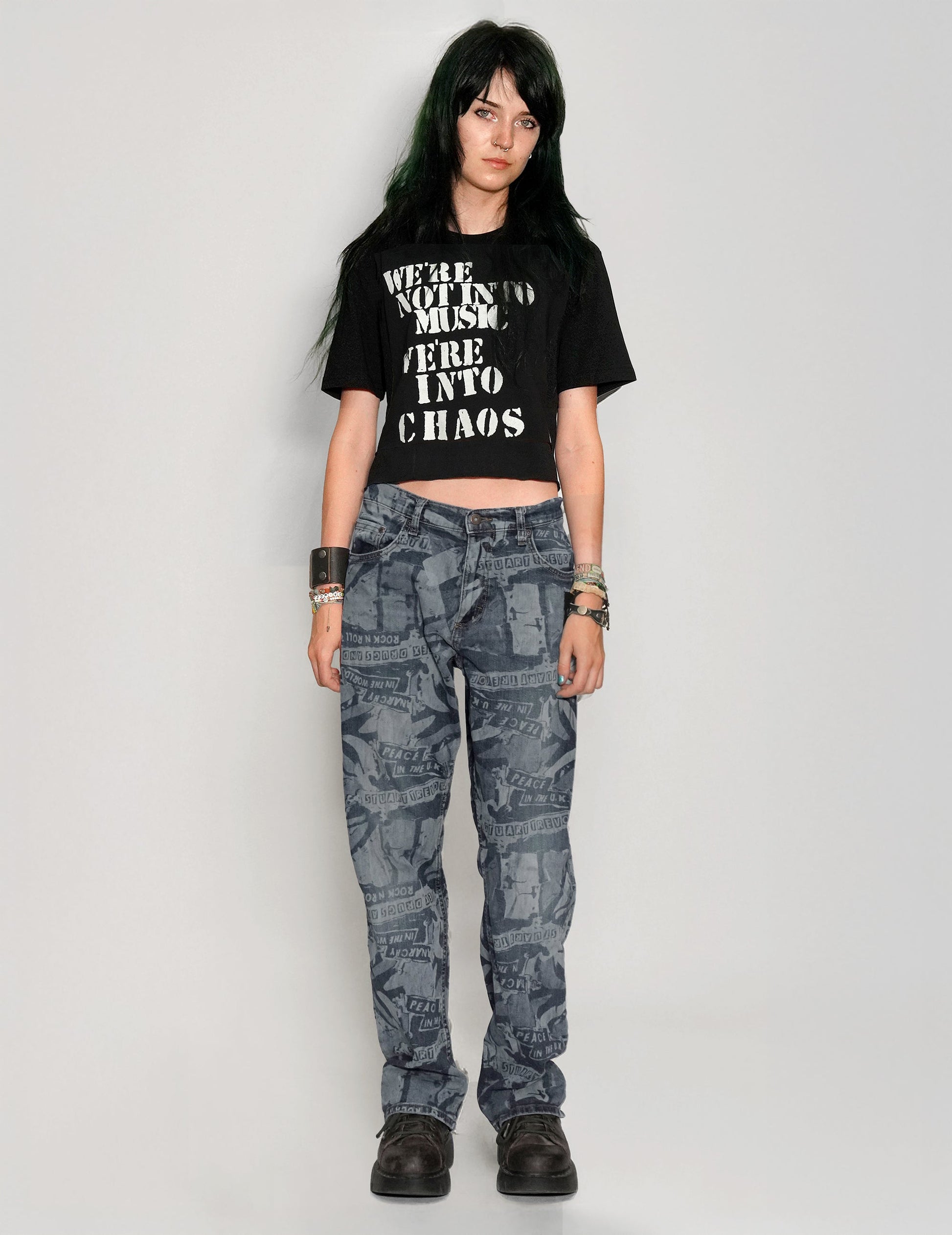 Peace Laser Print Jeans in Indigo