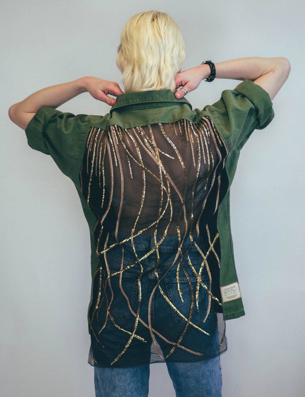 Party Back Shirt Gold Lines Sequin Camo