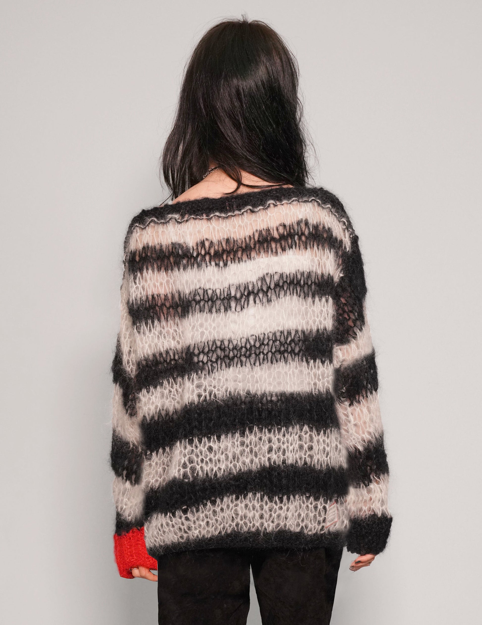Black and White Striped Mohair Hand Knit Sweater