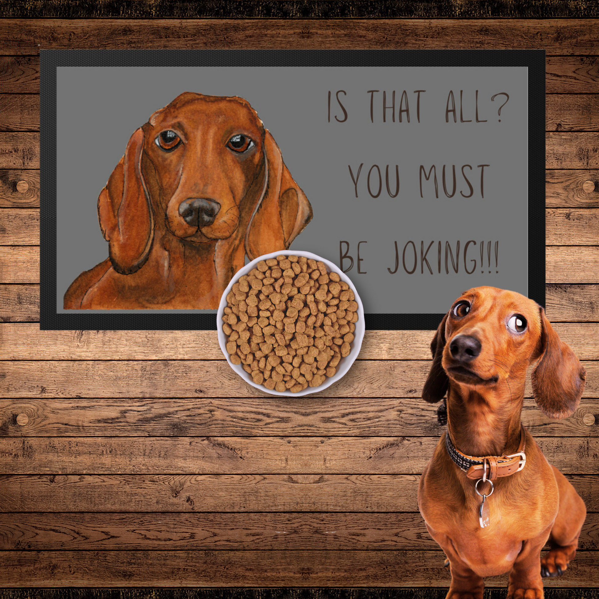 Dachshund Dining Drama Hilarious Pet Bowl Mat