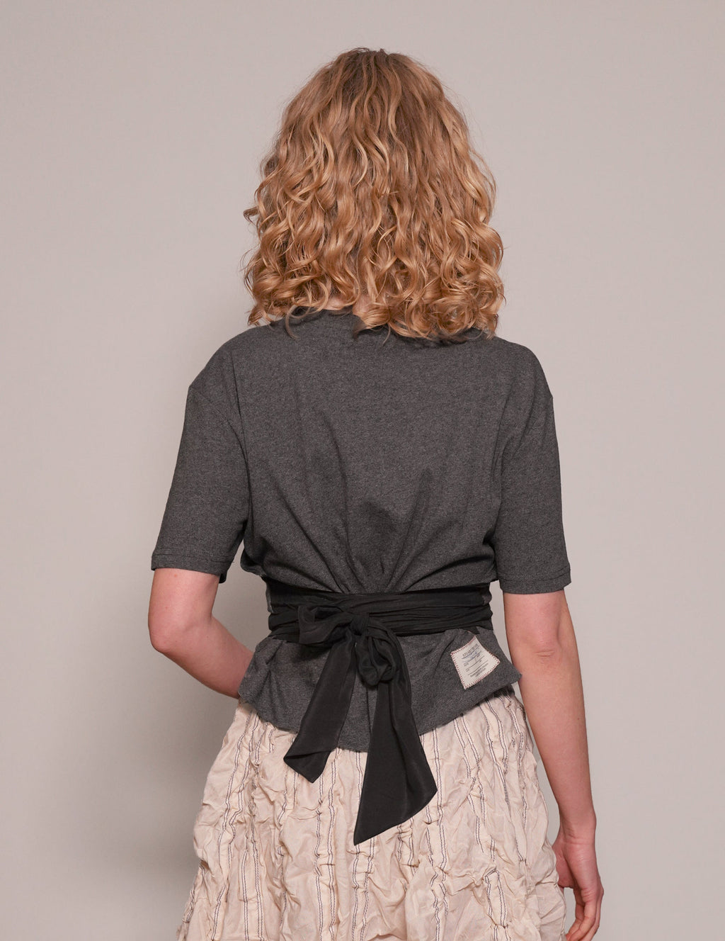 Grey Cropped T-Shirt with Black Silk Tie Detail