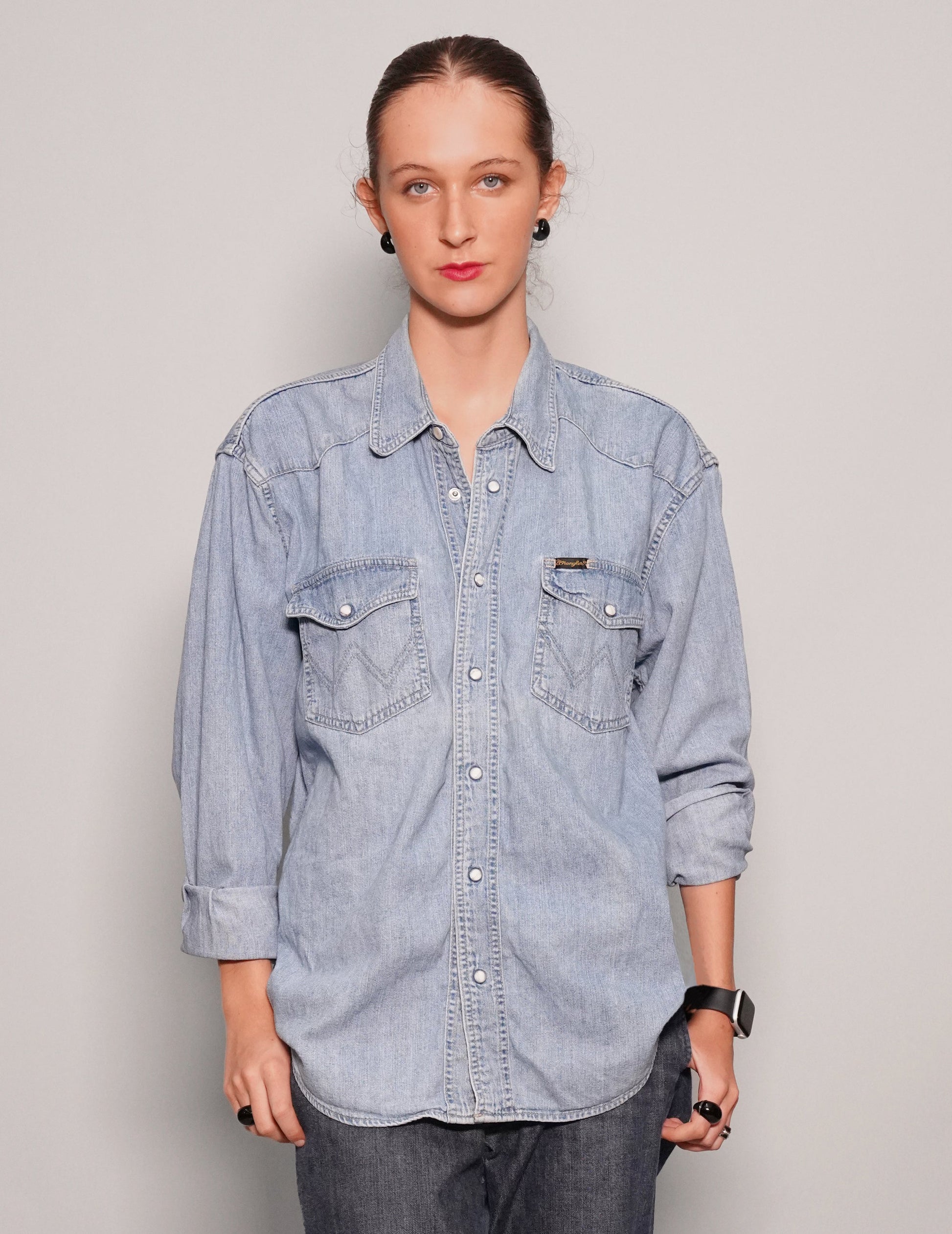 Party Back Shirt Black Sequin Light Blue Denim