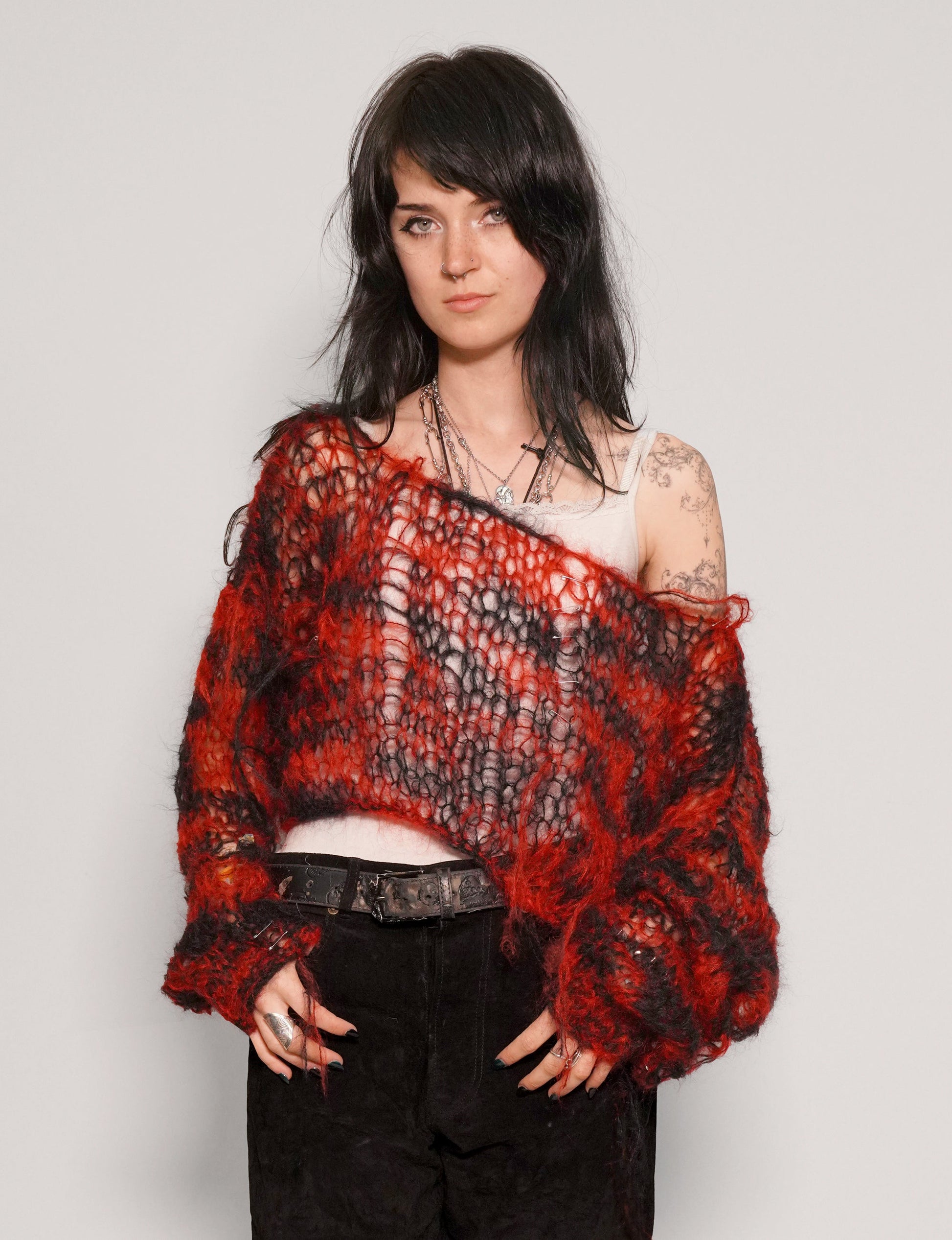 Red and Black Striped Mohair Hand Knit Cropped Sweater