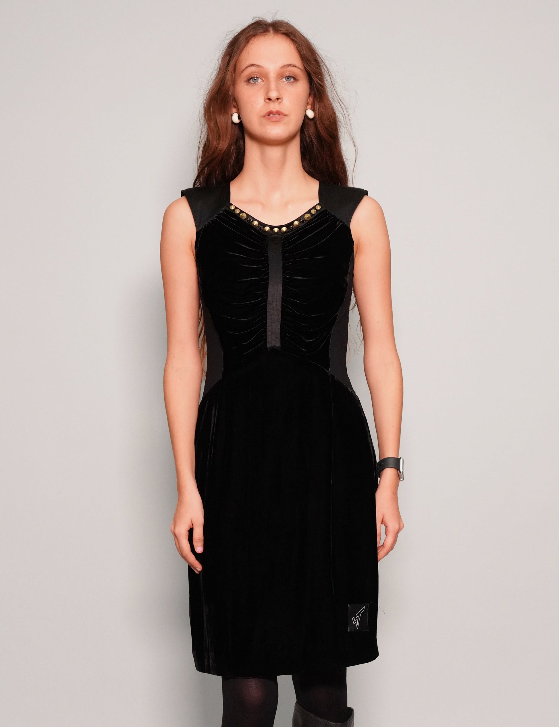 Black Velvet Dress with Studded Neckline