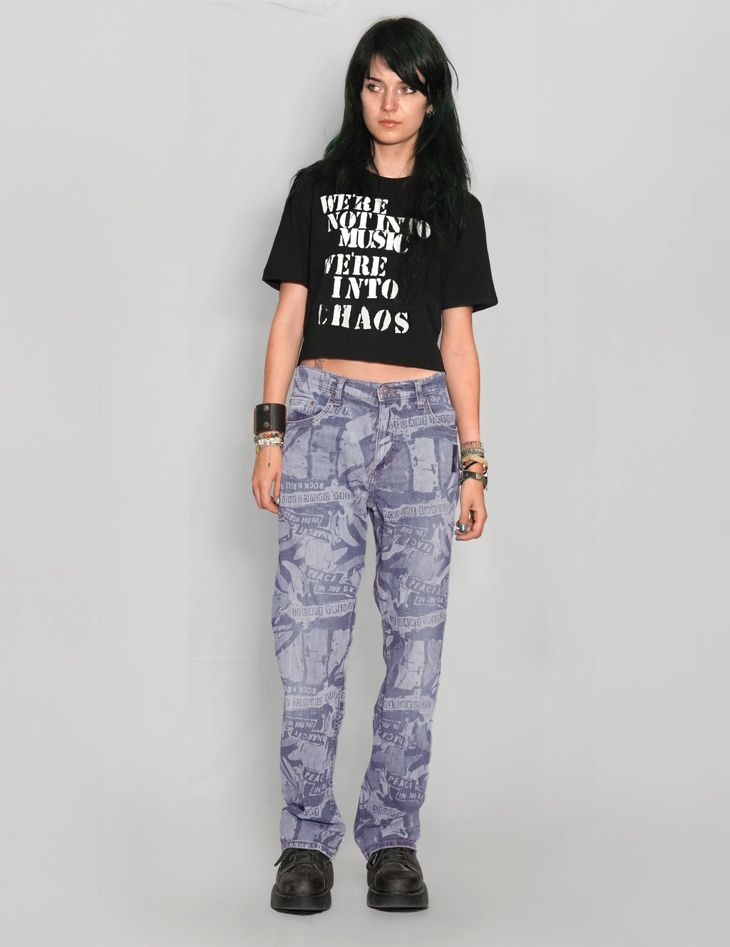 Peace Laser Print Jeans in Light Blue