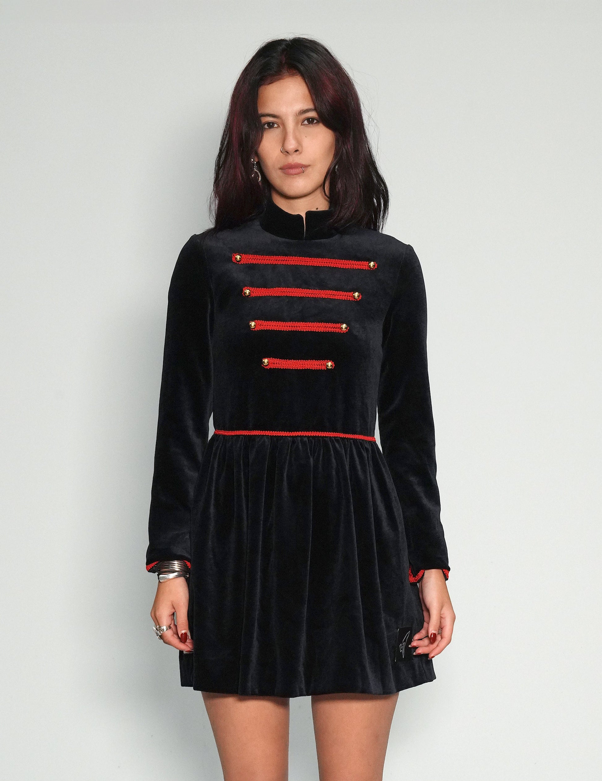 Vintage Military Velvet Dress with Lace Detail