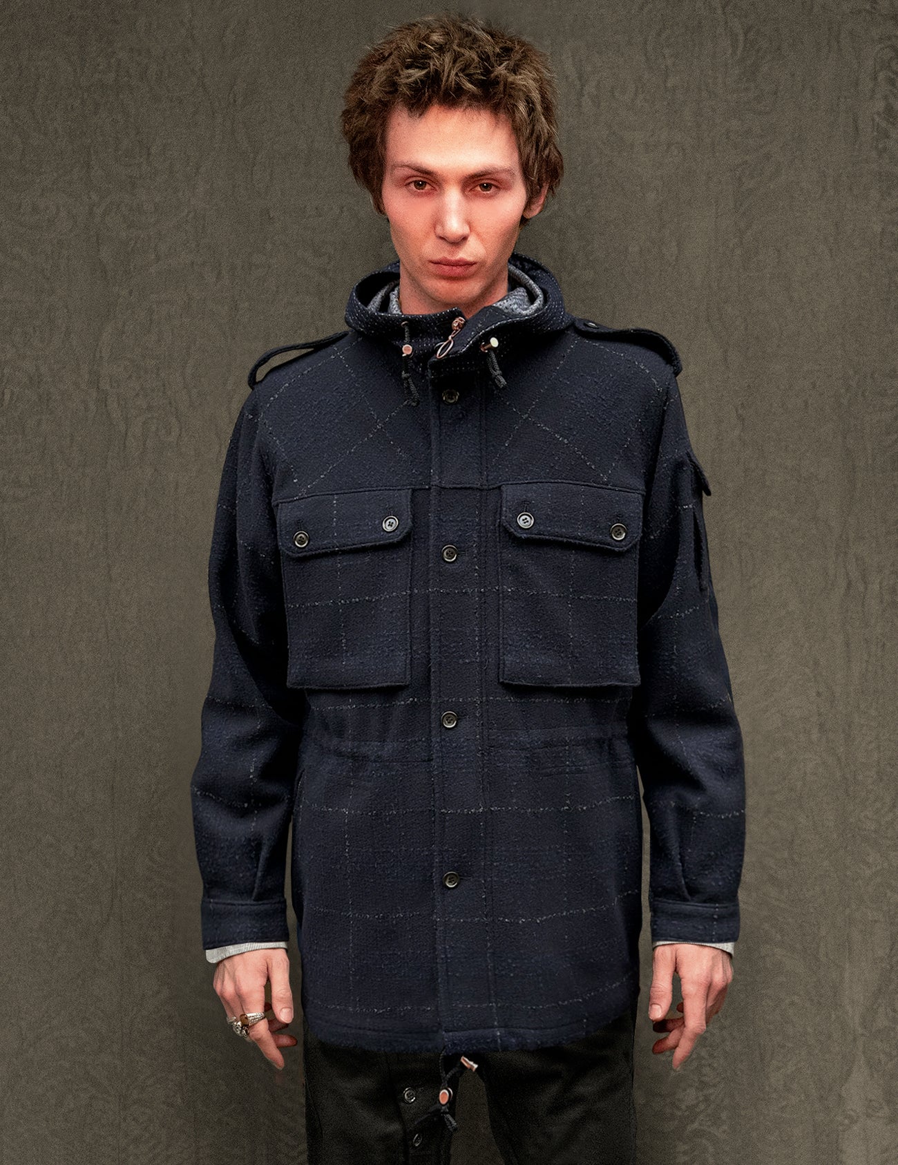Windowpane Check Woollen Parka in Navy
