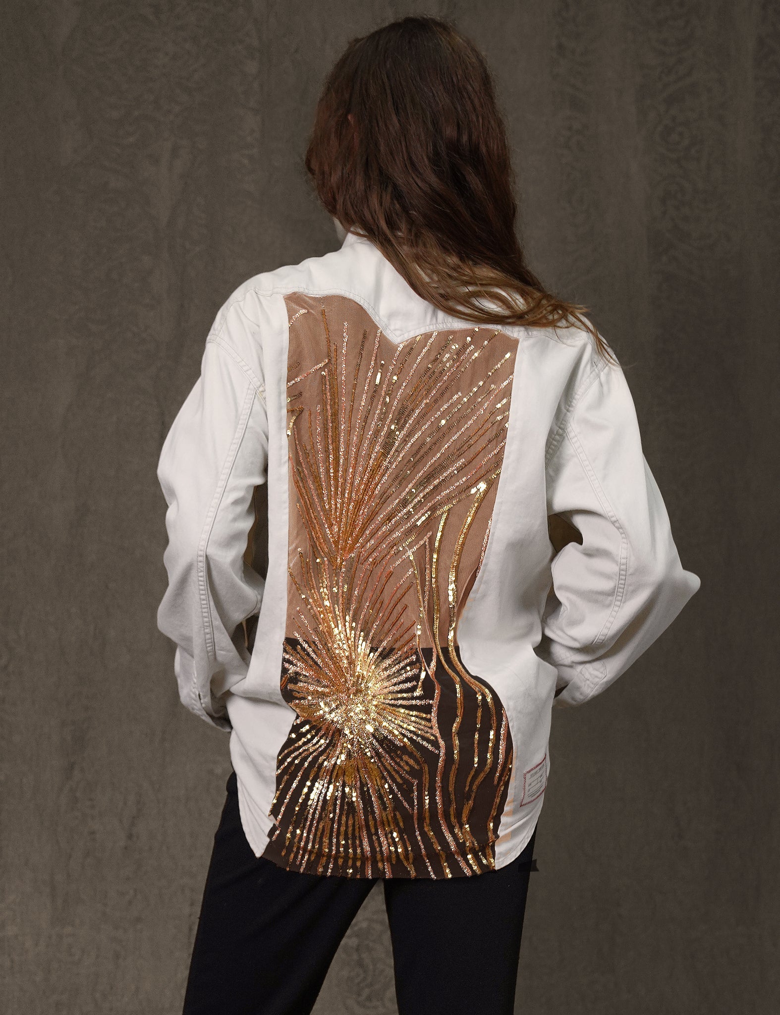 Party Back Shirt Gold Star Sequin White Denim