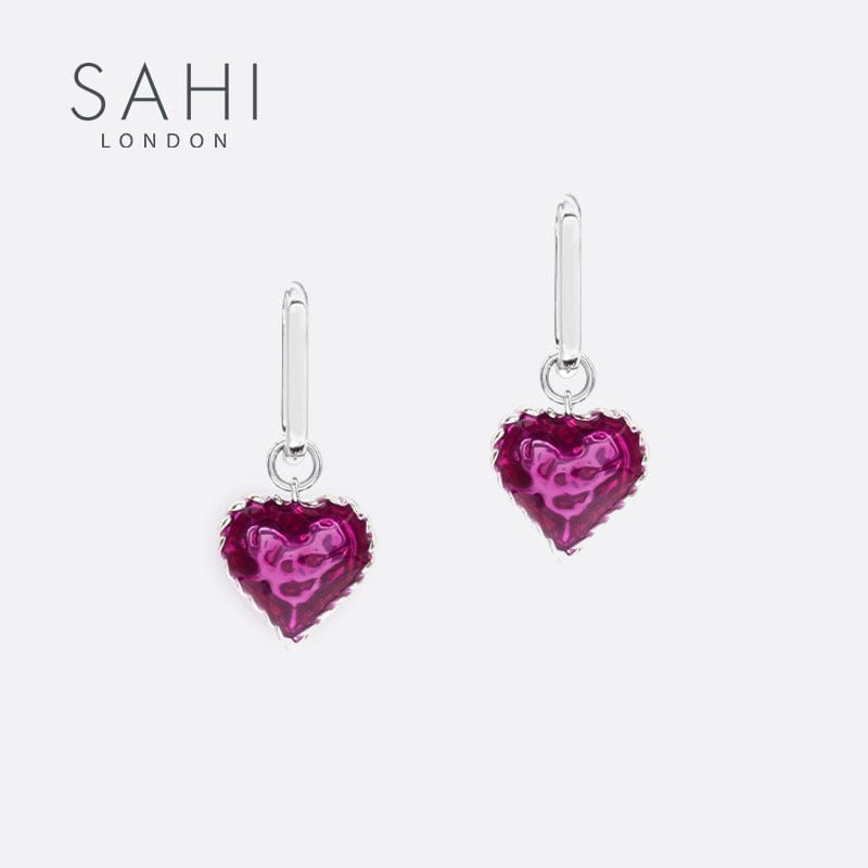 Love Heart Enameled Drop Dangling Earring in Silver and Violet