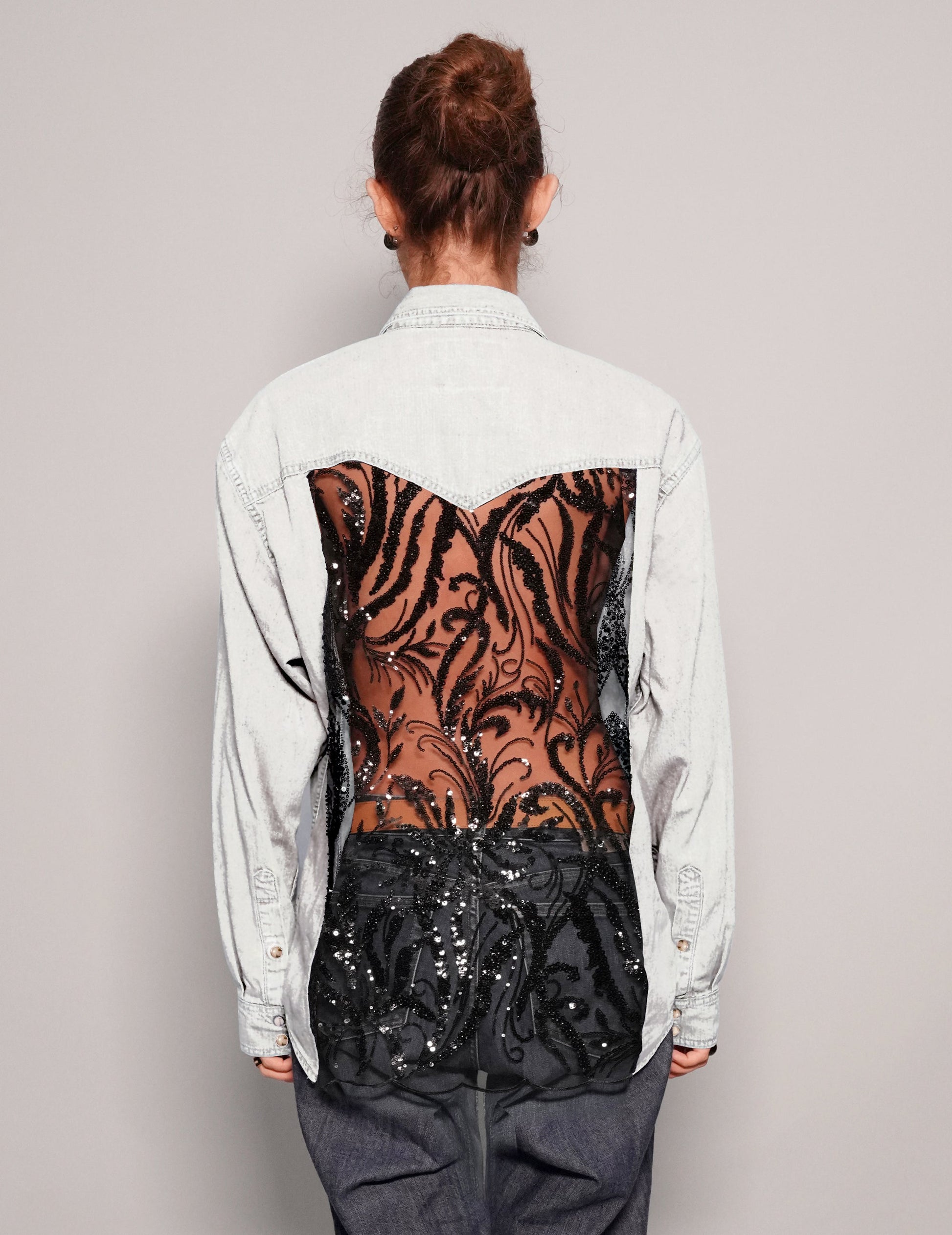 Party Back Shirt White Denim Black Sequin