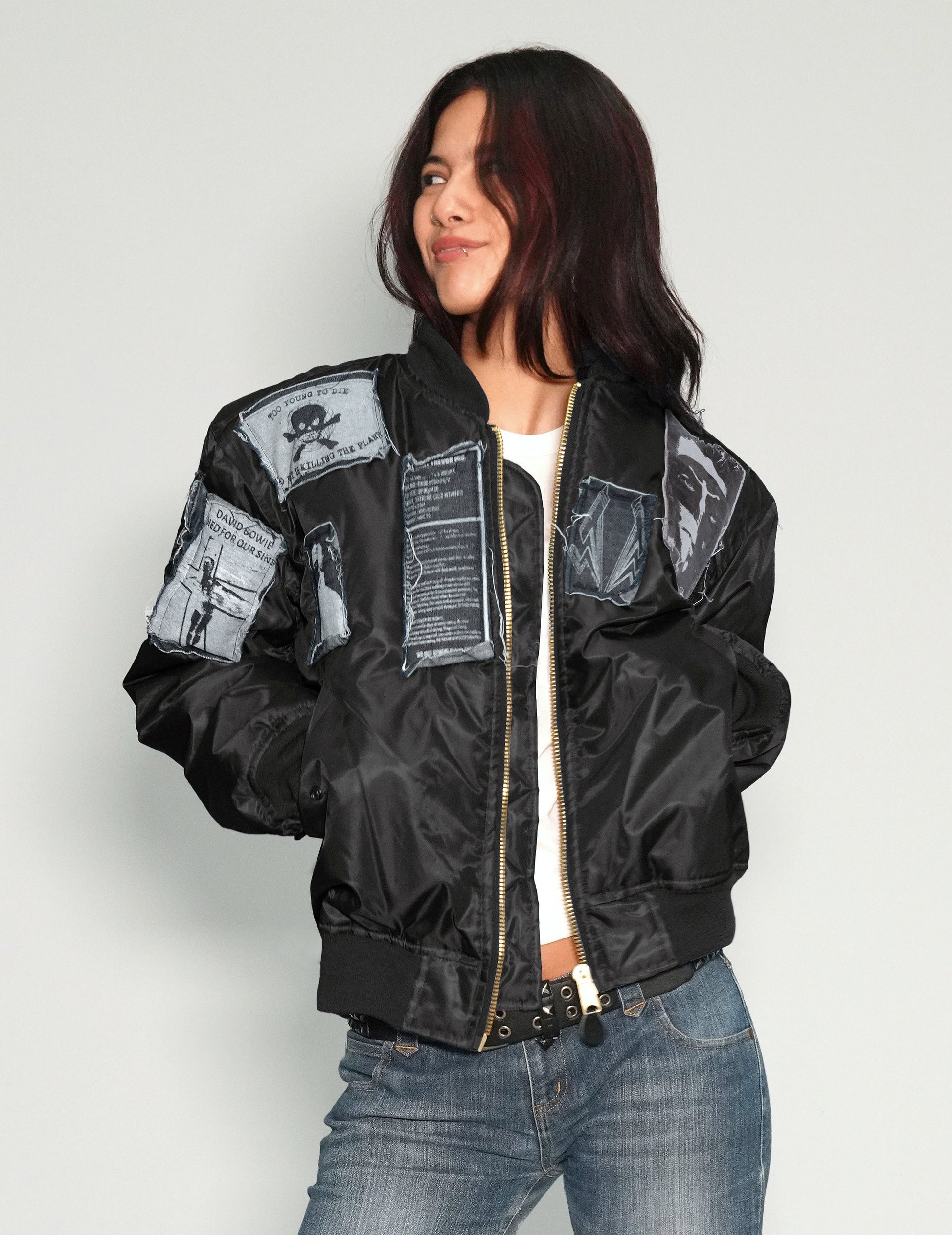 Black MA1 Bomber Jacket with Vintage Patches