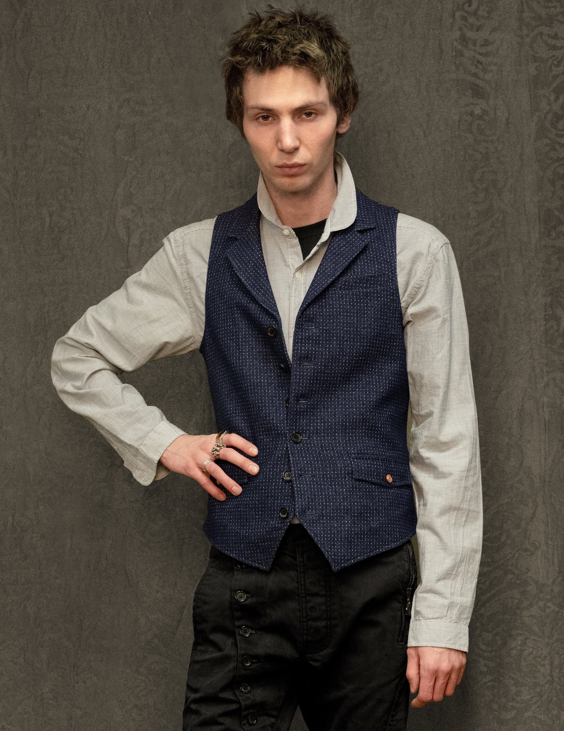 Navy Ecru Micro Dot Waistcoat 1950s Inspired