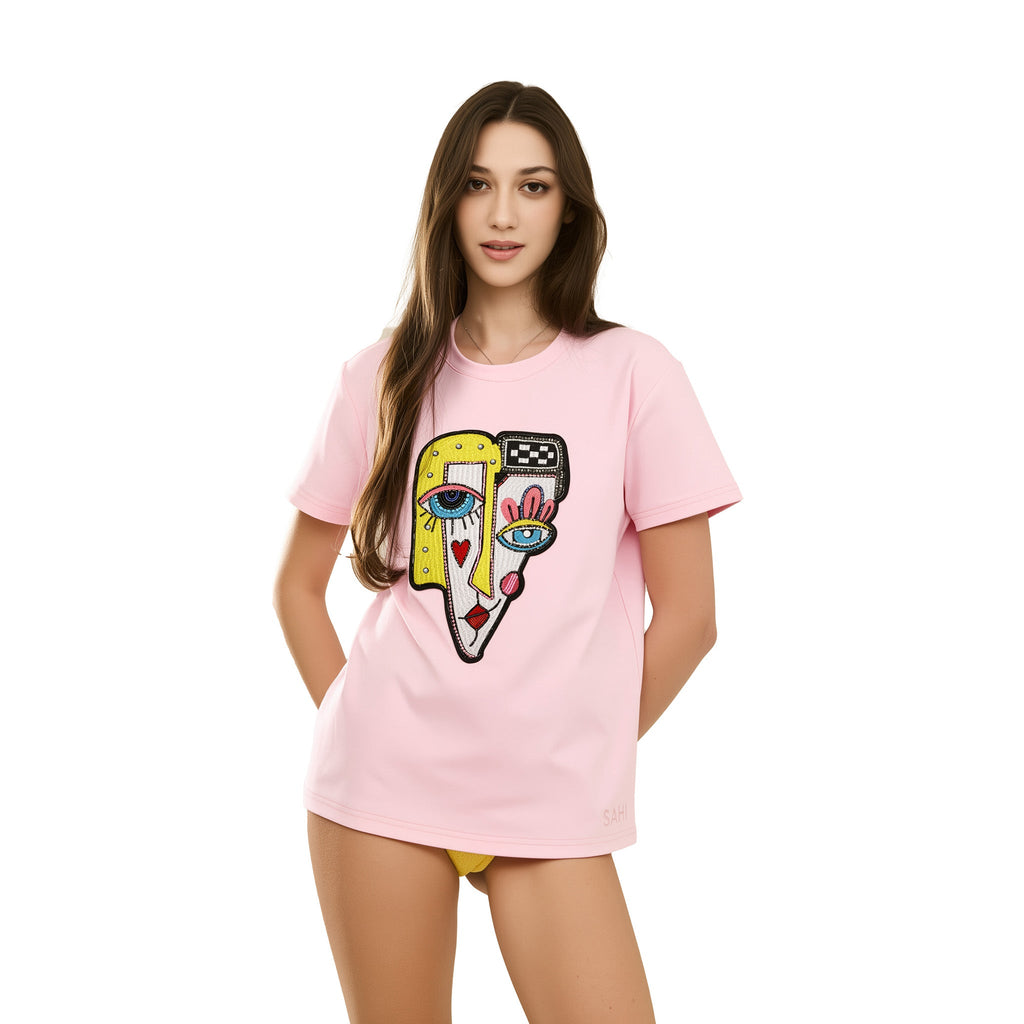 Face Printed and Sequence Embroidered T-Shirt in White