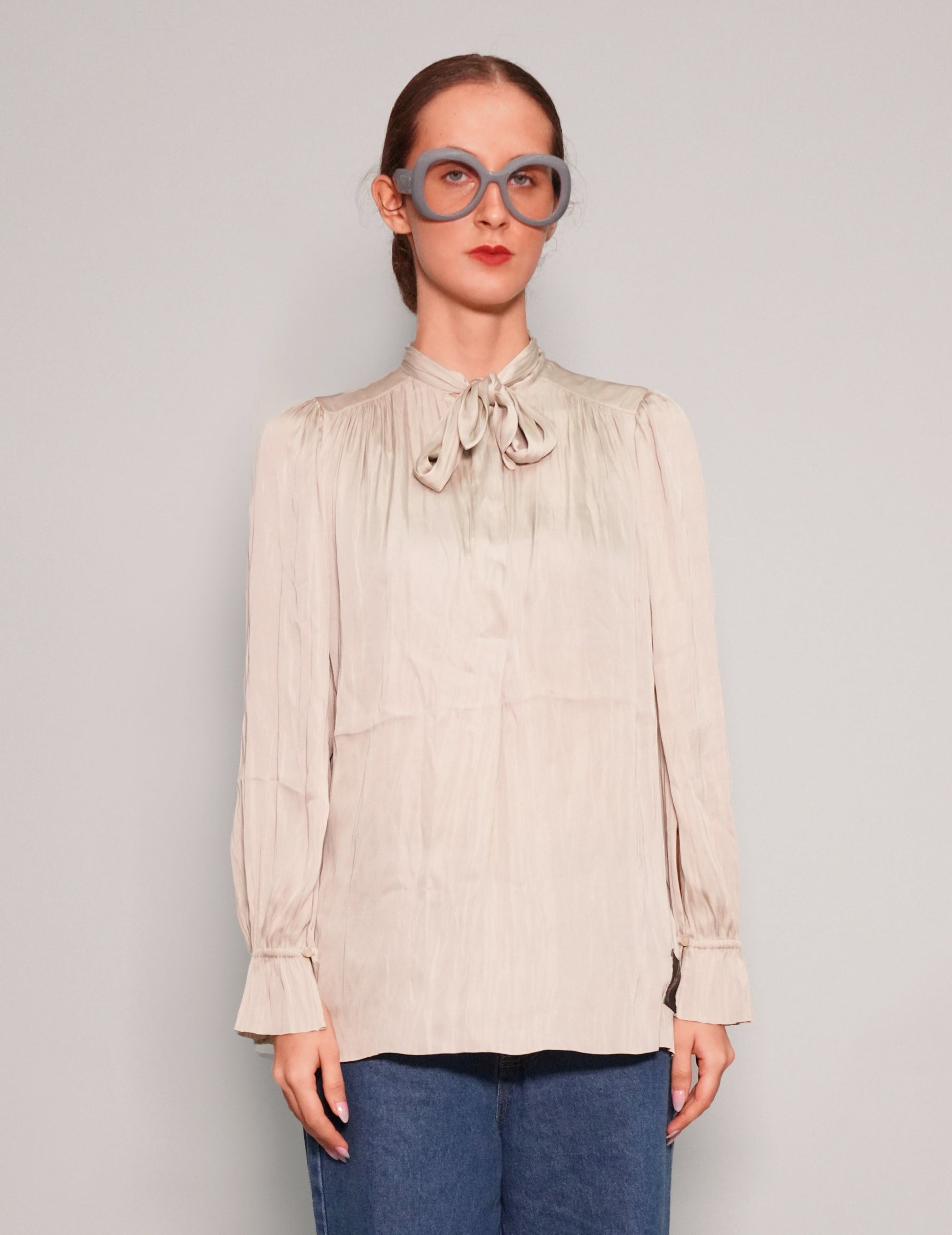 Tie Neck Blouse in Classic Multi Gather