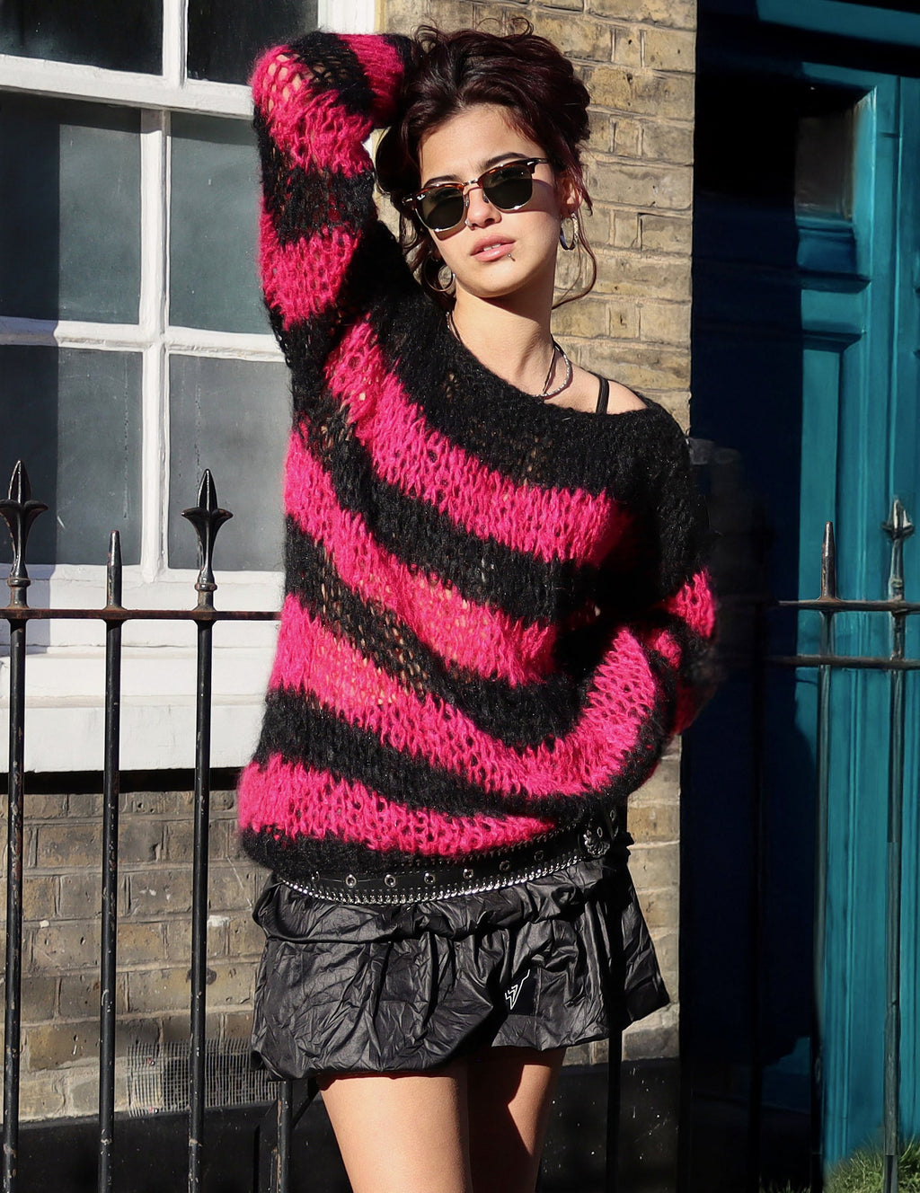 Pink and Black Striped Mohair Hand Knit Sweater