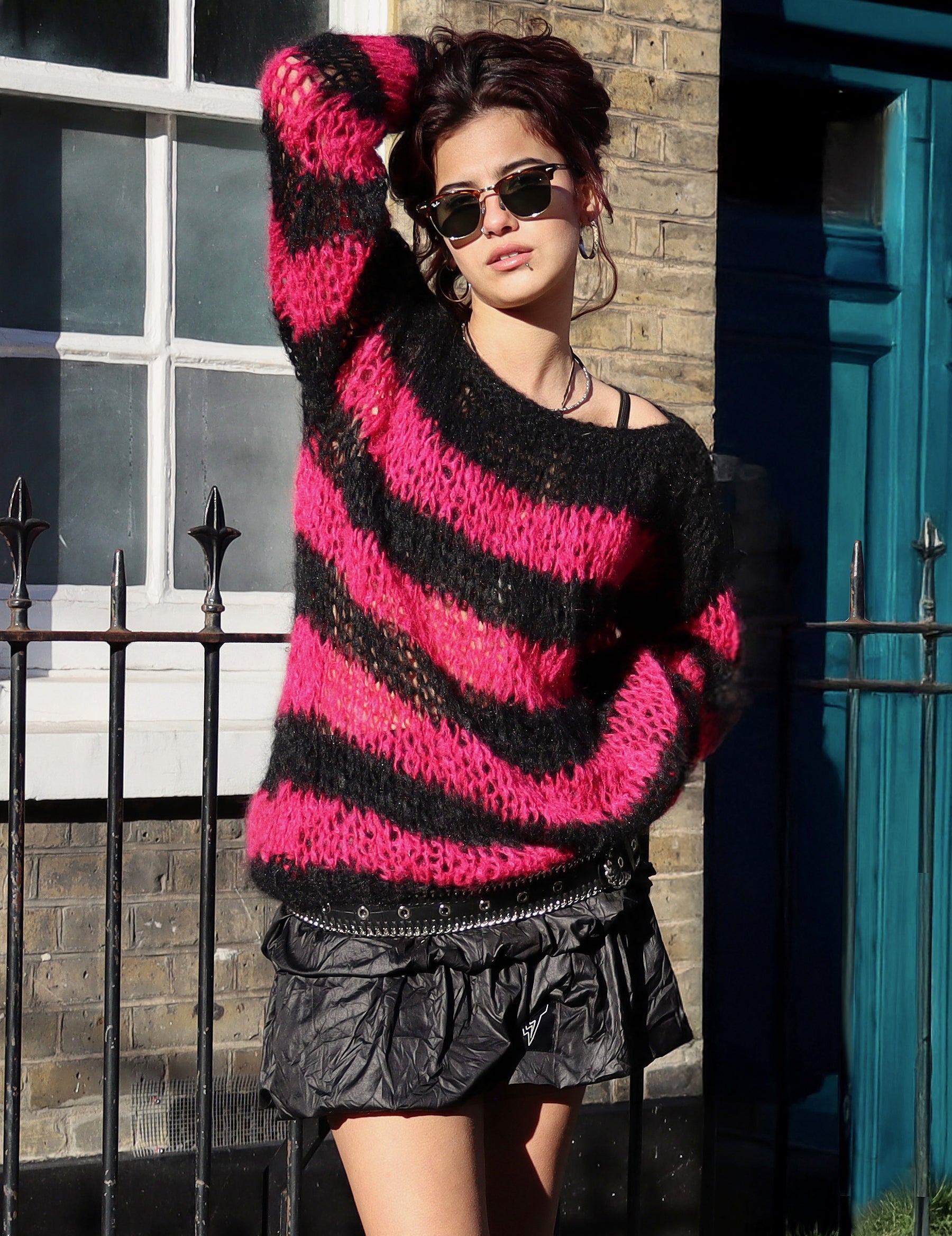 Pink and Black Striped Mohair Hand Knit Sweater