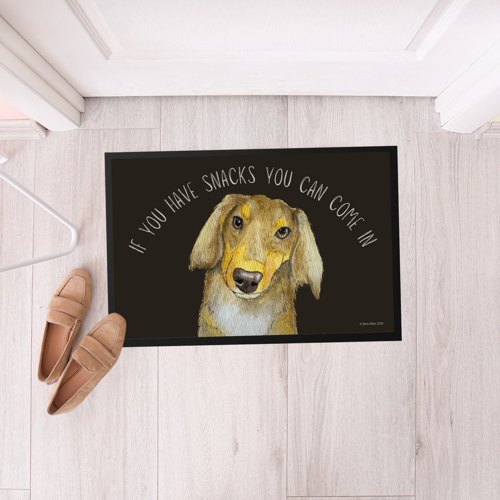 Long Haired Dachshund Doormat with Snacks Slogan