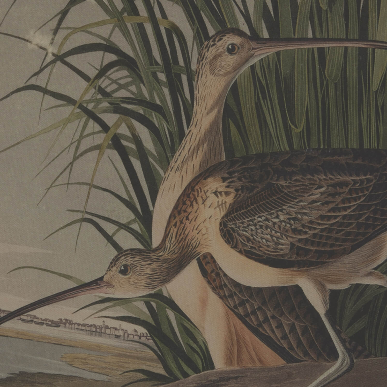 Handcrafted curlew artwork on linen with muted tones and ornate beaded frame, 45x62cm by sostter at brixbailey.com