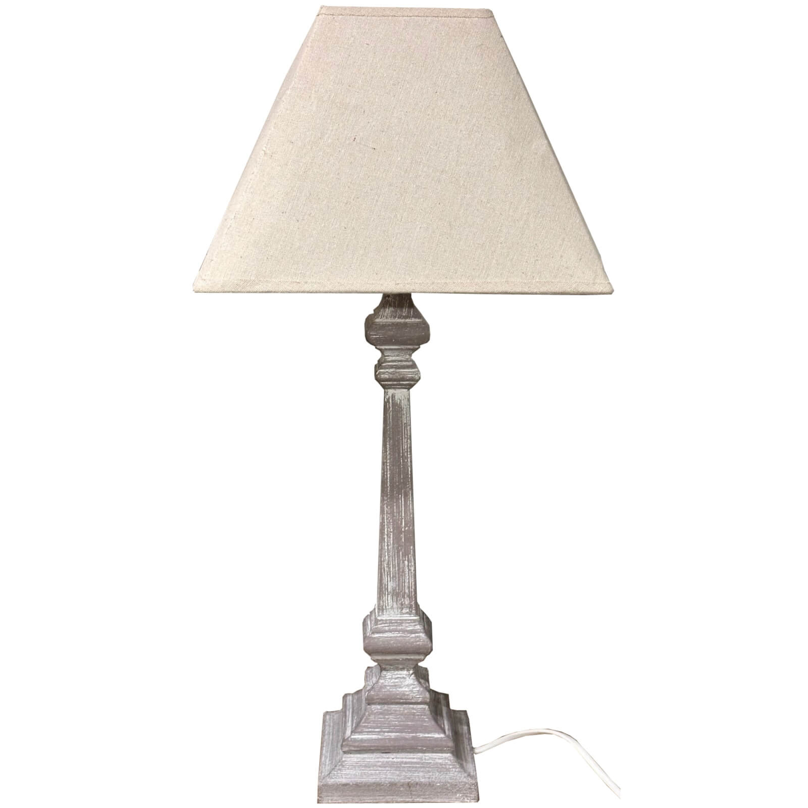 Handcrafted whitewashed wood table lamp with linen shade, warm white finish and visible wood grain, rustic farmhouse decor by Sostter at brixbailey.com