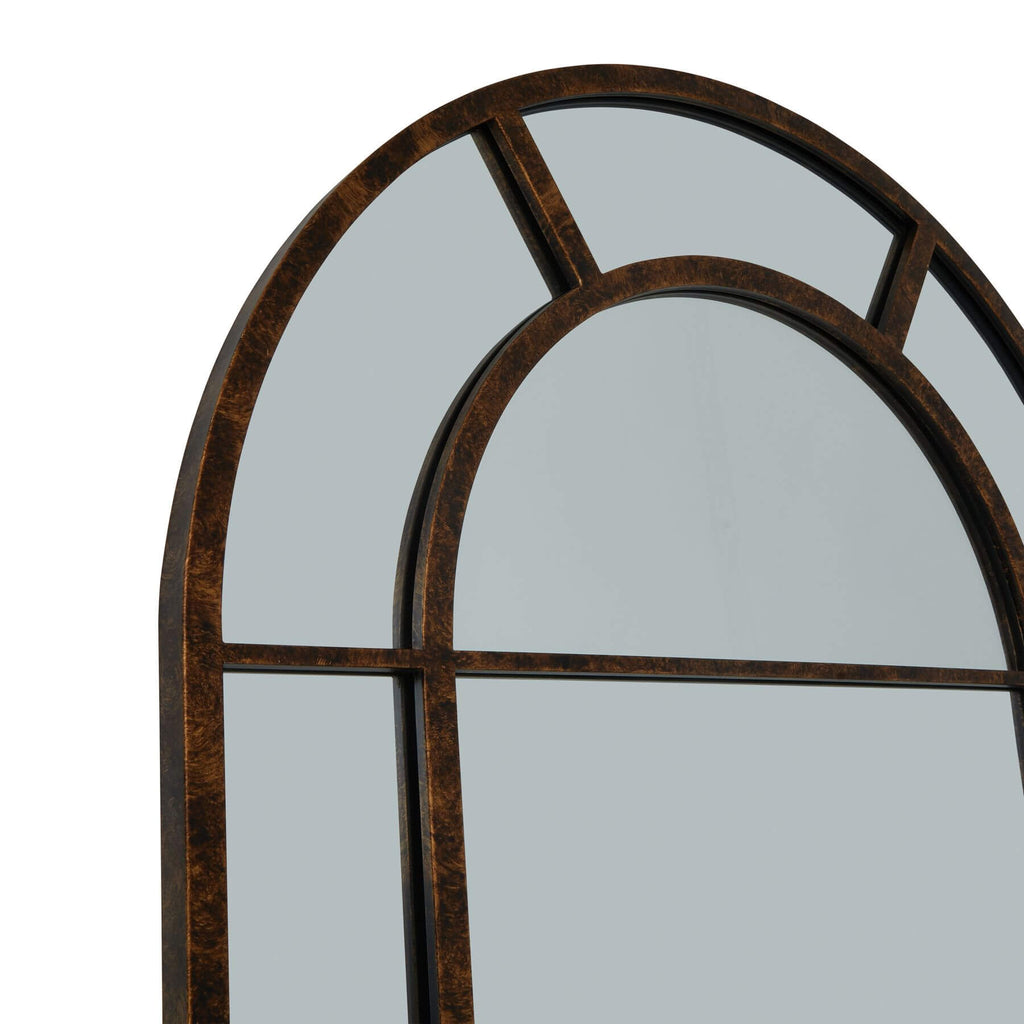 Large rustic arched mirror with brown rust-effect finish, 200cm tall, solid wood frame, vintage home decor statement piece by RoomLondon at brixbailey.com