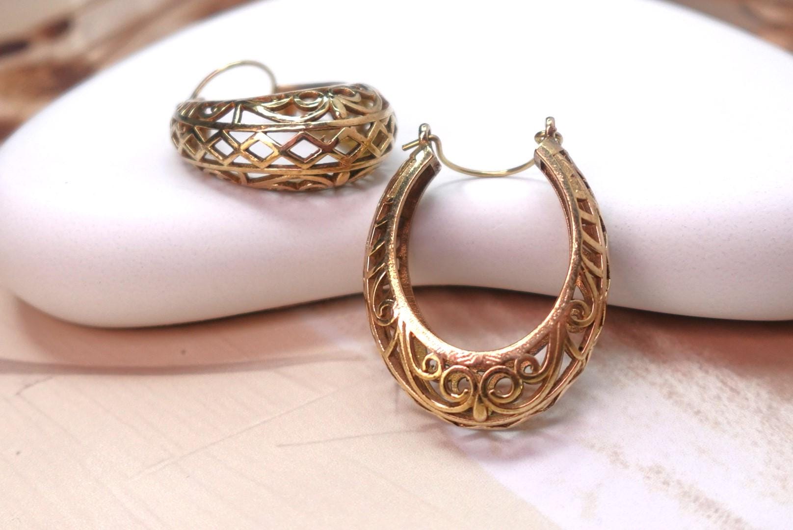 Filigree Brass Crescent Drop Hoop Earrings