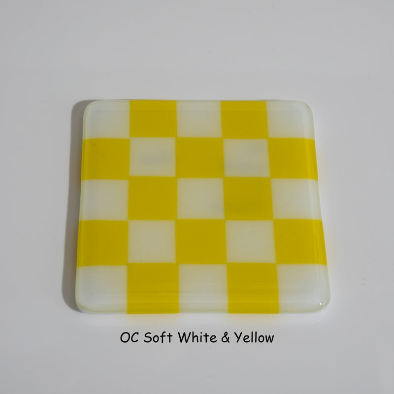 10cm Chequered Soft White Fused Glass Coaster