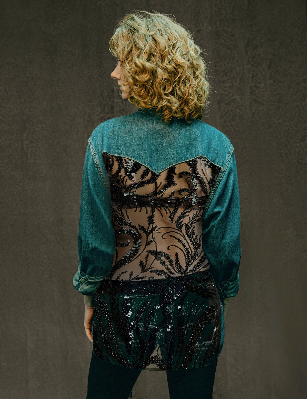 Party Back Shirt Black Sequin Blue Denim