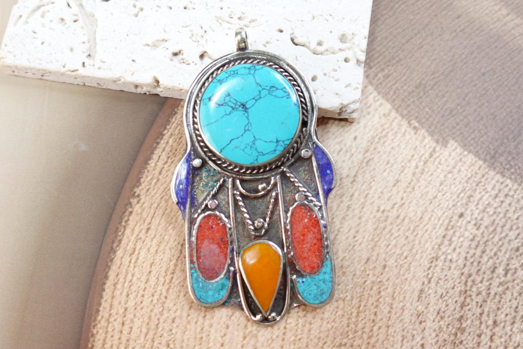 Silver Plated Hamsa Pendant with Gemstones