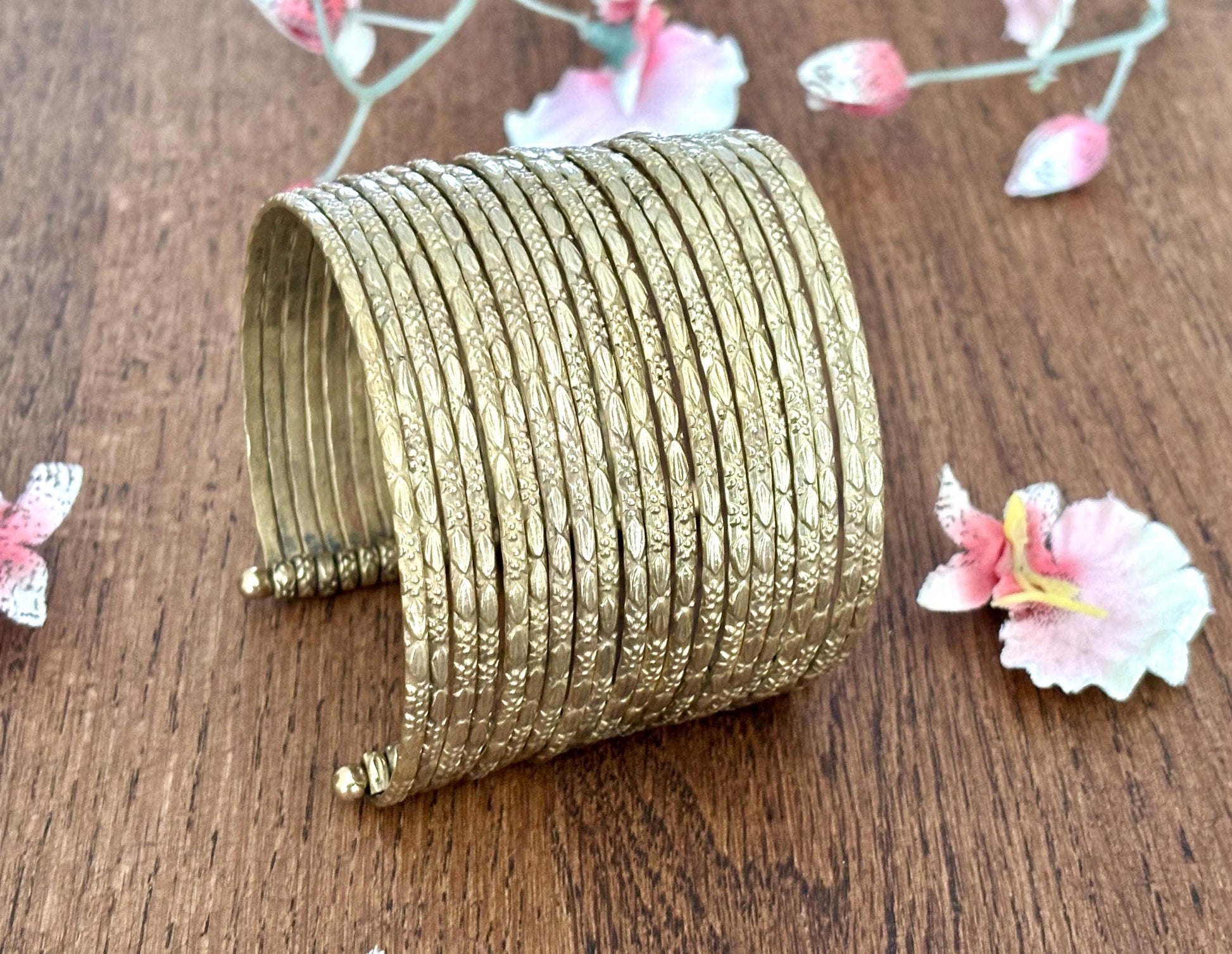 Hammered Gold Finish Adjustable Brass Bangle Stack