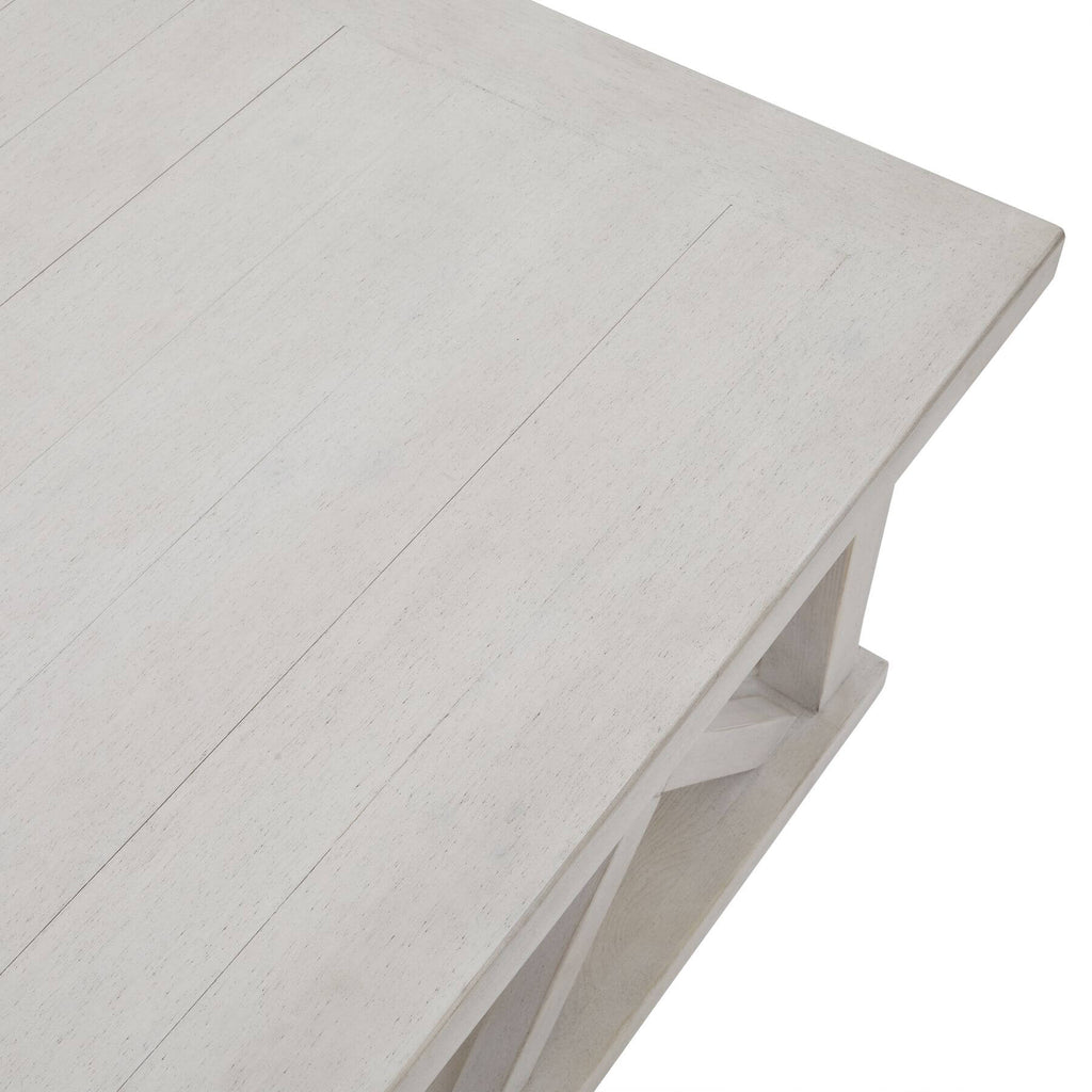 Handcrafted square pine coffee table with lattice design in distressed white finish, modern farmhouse style by Sostter at brixbailey.com